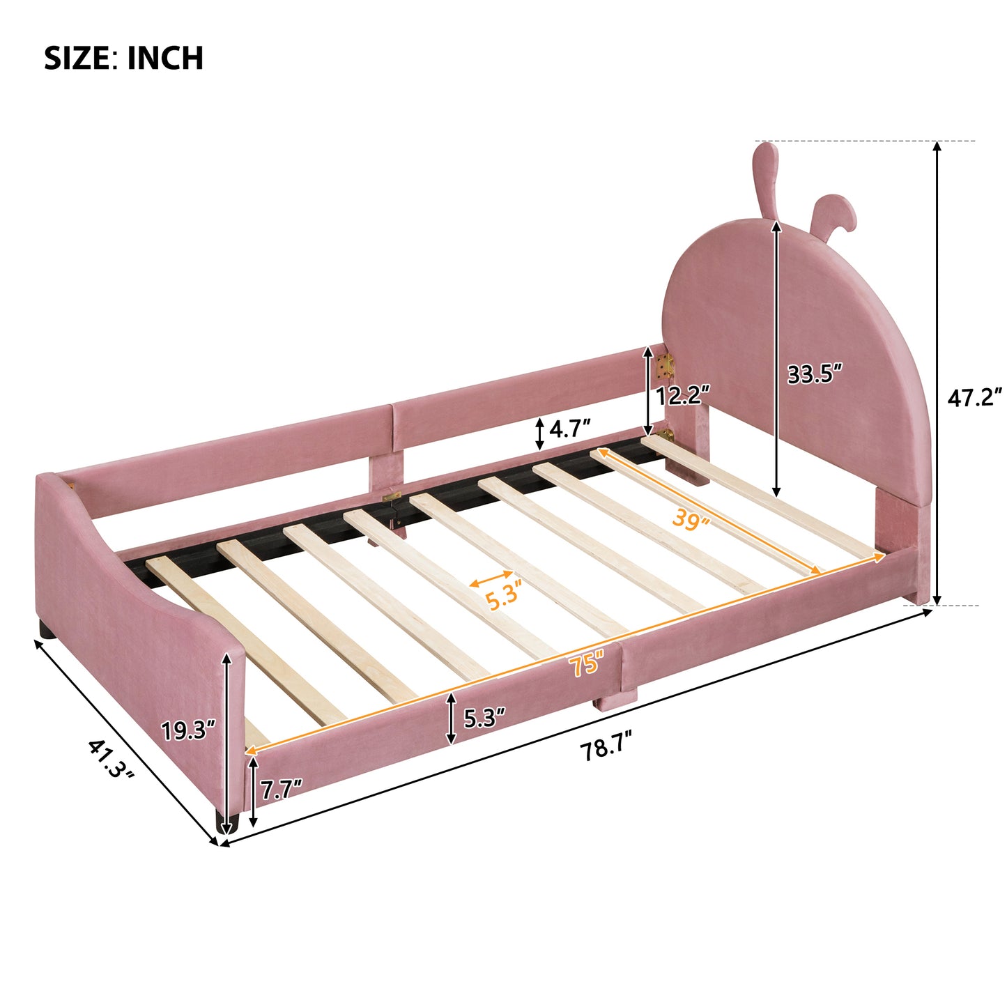 iRerts Upholstered Twin Daybed Frame for Kids, Velvet Twin Platform Bed Frame with Rabbit Ear Shaped Headboard and Footboard, Wood Twin Size Sofa Bed for Girls Boys, Pink