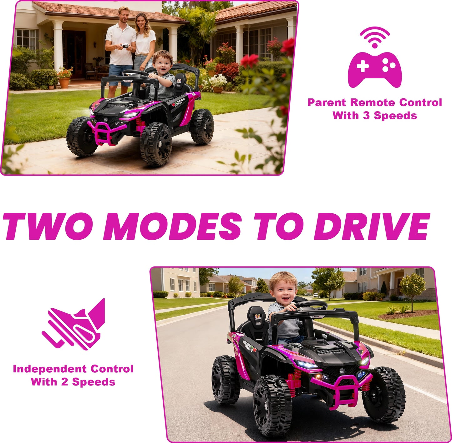 iRerts 24V Powered Ride on Car UTV, Kids Ride on Toys with Remote Control, Bluetooth, Music, 4 Wheels Suspension, LED Light, Kids Cars 4 Wheeler Electric Vehicles for Boys Girls Ages 3-5 Gifts, Pink