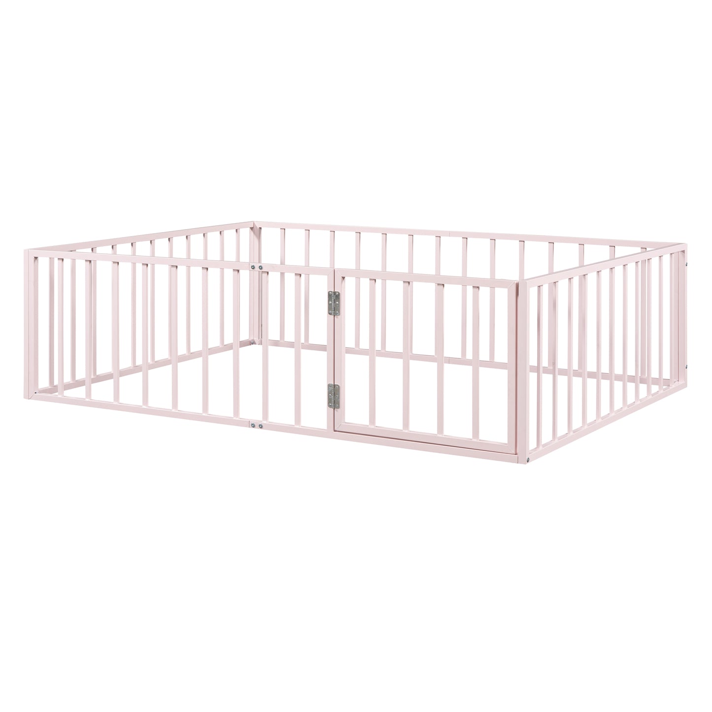 iRerts Full Floor Bed Frame, Metal Full Size Montessori Floor Bed Frame with Fence and Door, Kids Toddler Floor Bed Frame Full Size for Girls Boys, Twin Bed Frame without Bed Slats, Pink