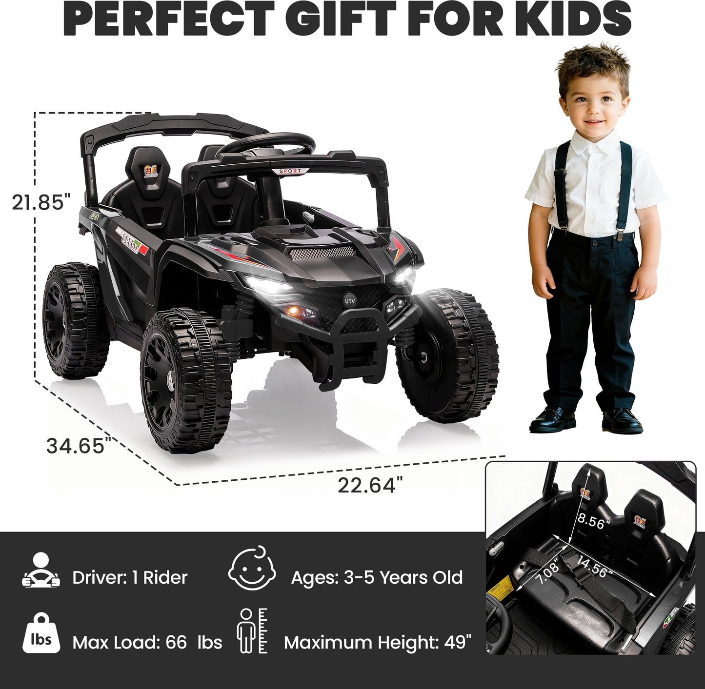 iRerts 24V Powered Ride on Car UTV, Kids Ride on Toys with Remote Control, Bluetooth, Music, 4 Wheels Suspension, LED Light, Kids Cars 4 Wheeler Electric Vehicles for Boys Girls Ages 3-5 Gifts, Black
