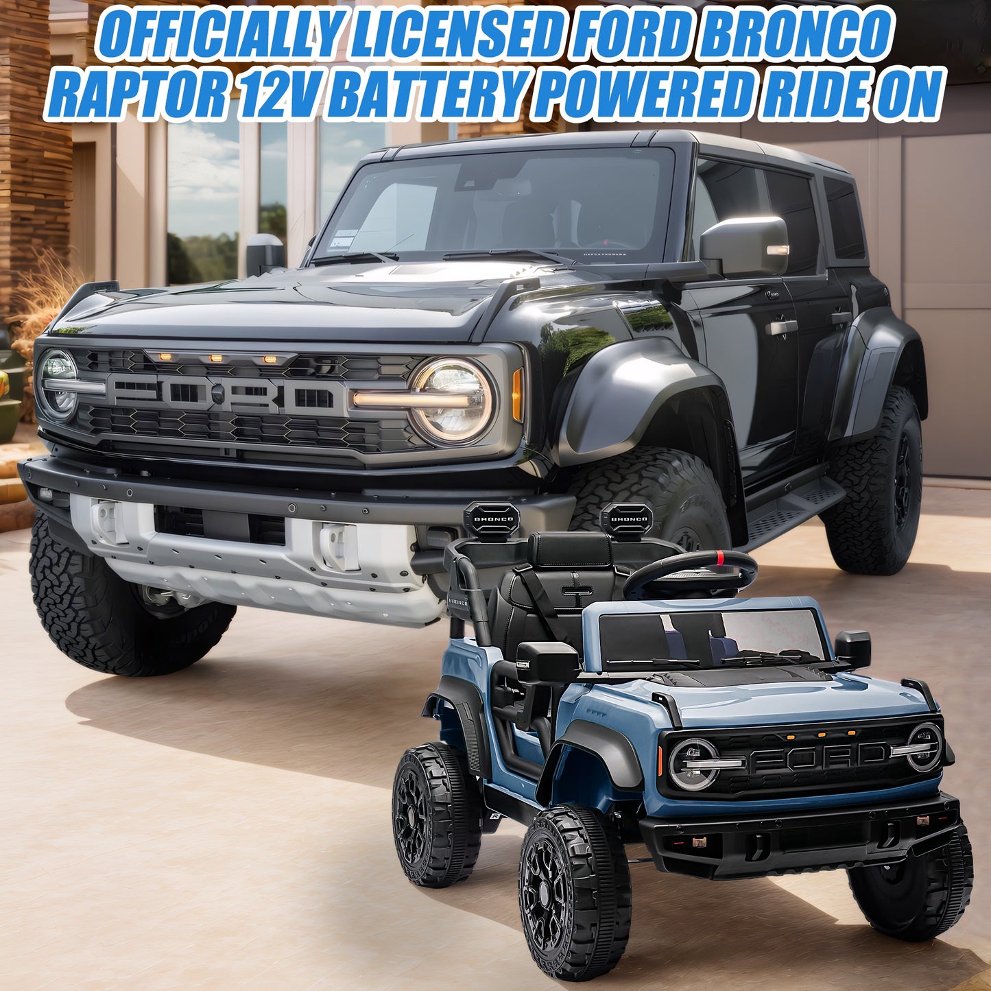 12V Powered Ride on Car, Ford Bronco Raptor Ride on Toys with Remote Control, Battery Powered Ride on Trucks with Bluetooth Music, LED Light, Kids Car Electric Vehicle for Boys Girls Gifts, Blue