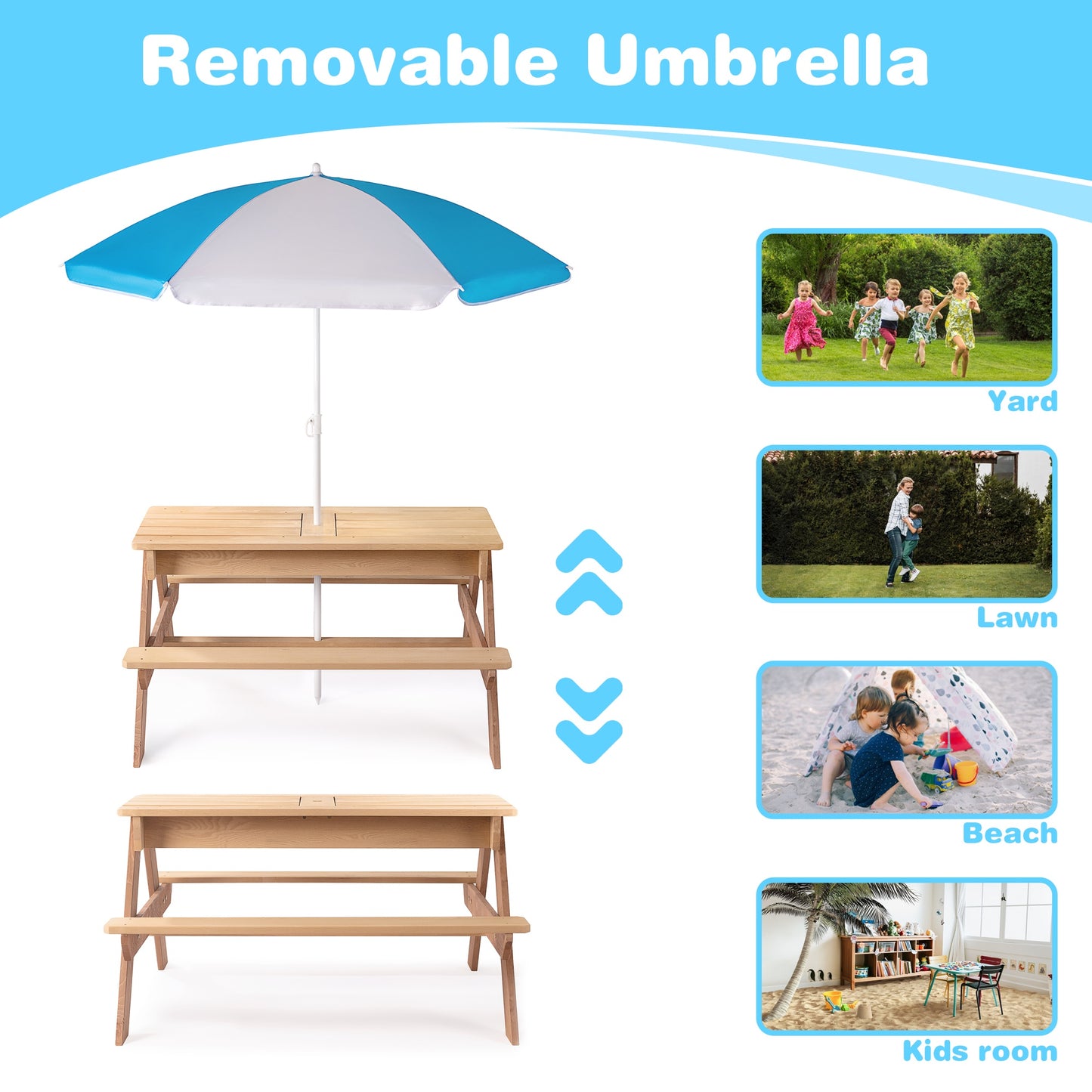 Kids Outdoor Picnic Table Set with Bench, 3 in 1 Sand and Water Activity Table Outdoor Convertible Picnic Table with Umbrella/Removable Tabletop/Play Boxes, Kids Table and Chair Set for Patio, Natural