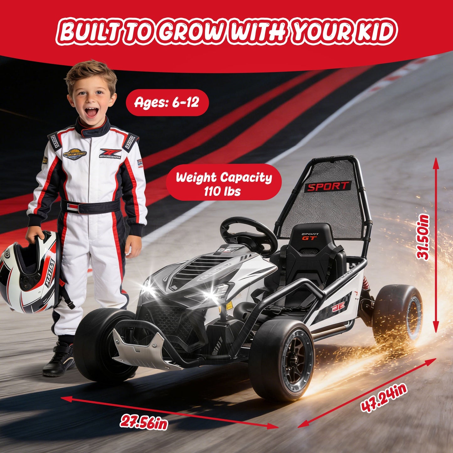 24V Powered Ride on Toys, iRerts Electric Go Kart with Drift Mode, Bluetooth Music, EVA Front Tires, Rear Wheel Suspension, Max Speed 7.5 MPH, Crazy Go Cart Electric Car for Kids 6-12 Ages, Black