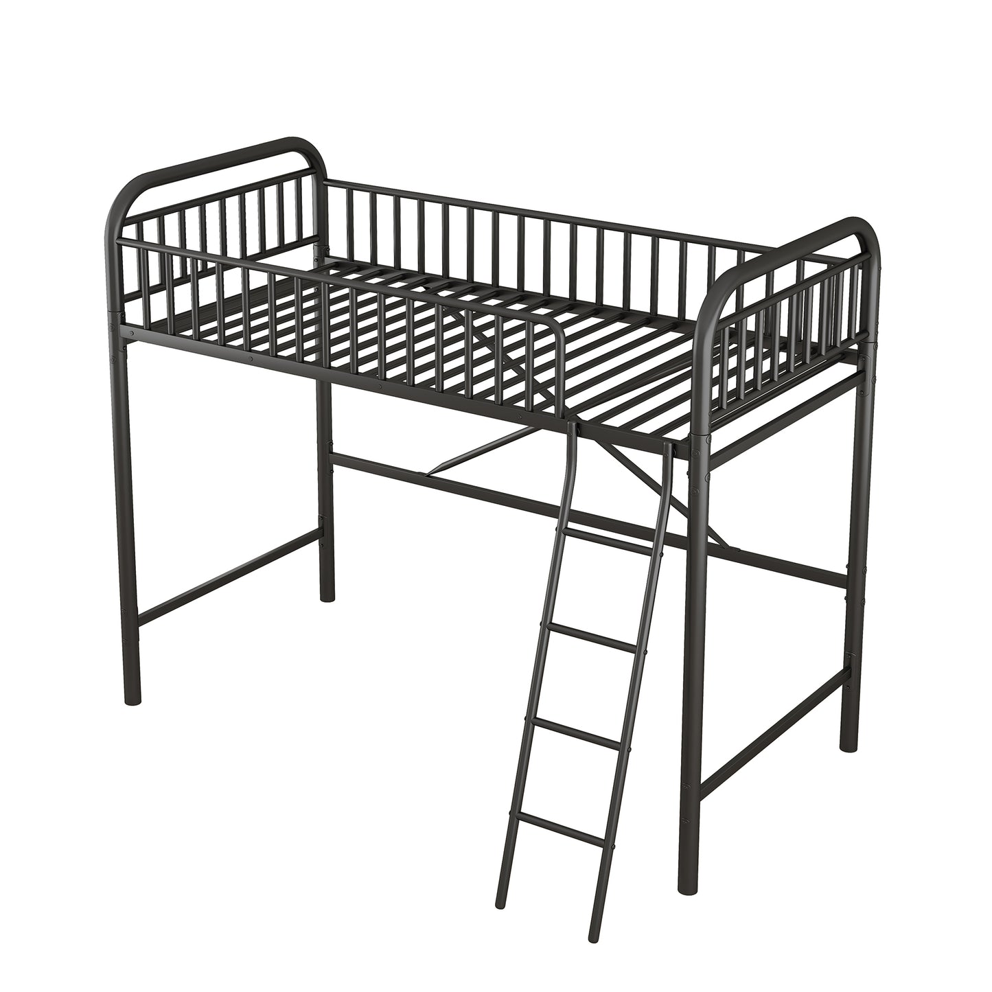 iRerts Black Loft Bed Twin Size, Twin Metal Loft Bed for Kids Teens, Twin Size Loft Bed with Ladder, Full-Length Guardrails, No Box Spring Needed, Modern Twin Loft Bed for Bedroom, Dorm, Guest Room