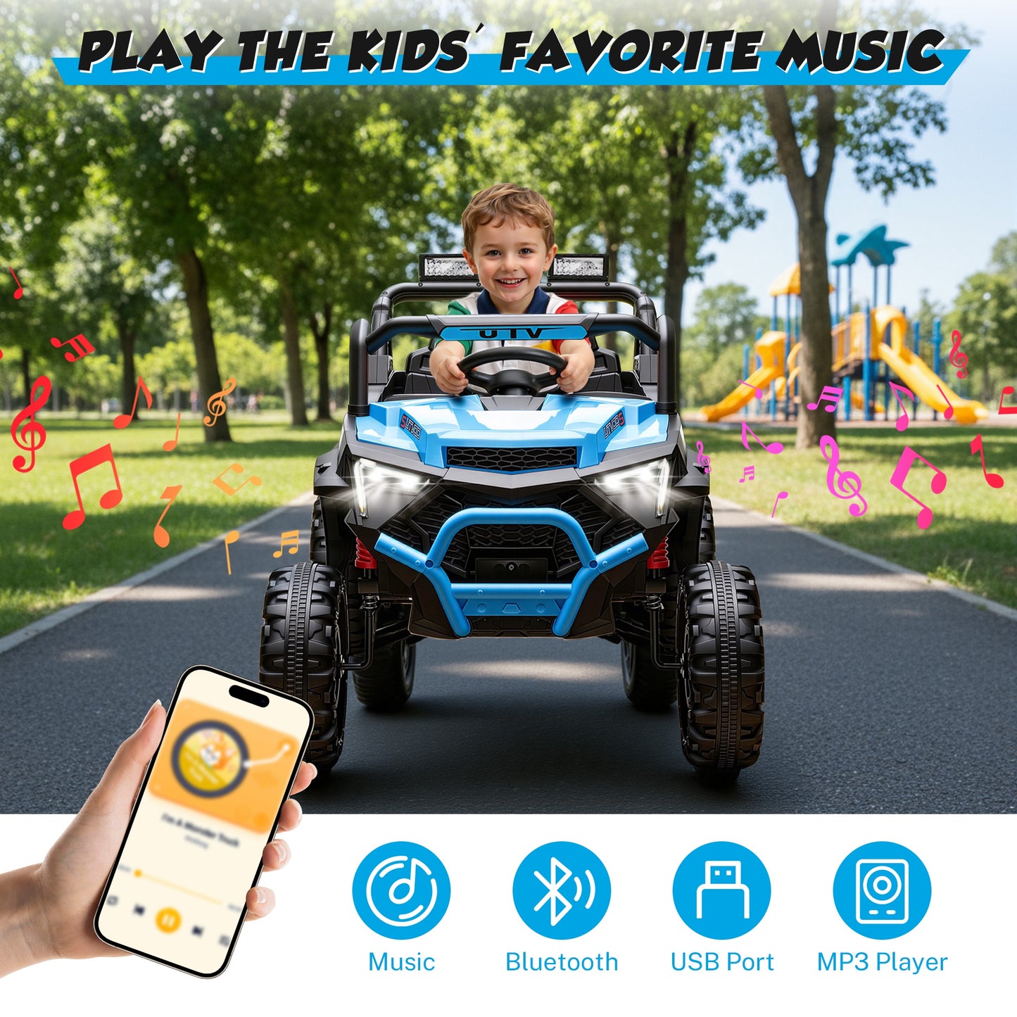24V Powered Ride on Toys, iRerts Electric Ride on UTV with Remote Control, Four-Wheel Suspension, LED Lights, Bluetooth Music, Ride on Cars Vehicle for Kids Ages 3-6, Blue