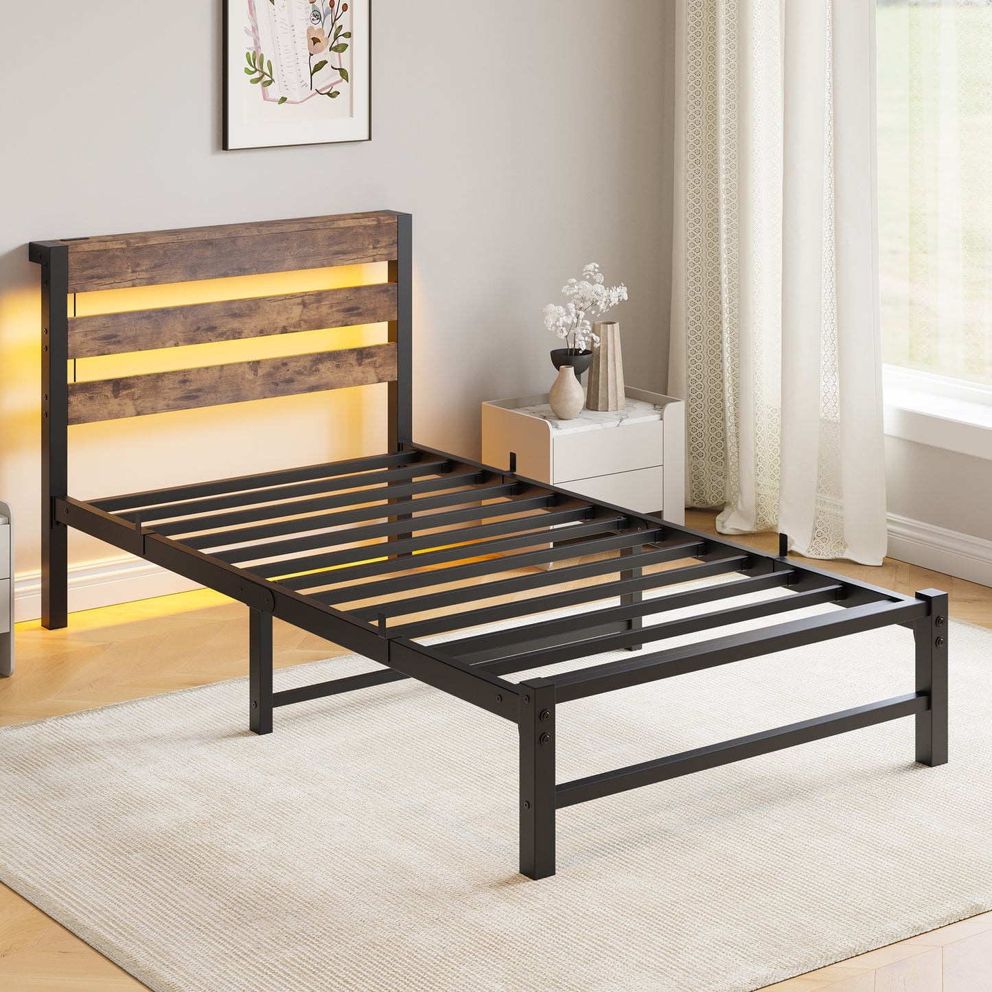 iRerts Twin Bed Frame with Headboard, Metal Platform Bed Frame Twin Size with USB Charging Station, LED Lights, Steel Slats, LED Bed Frame No Box Spring Needed for Bedroom Furniture, Brown