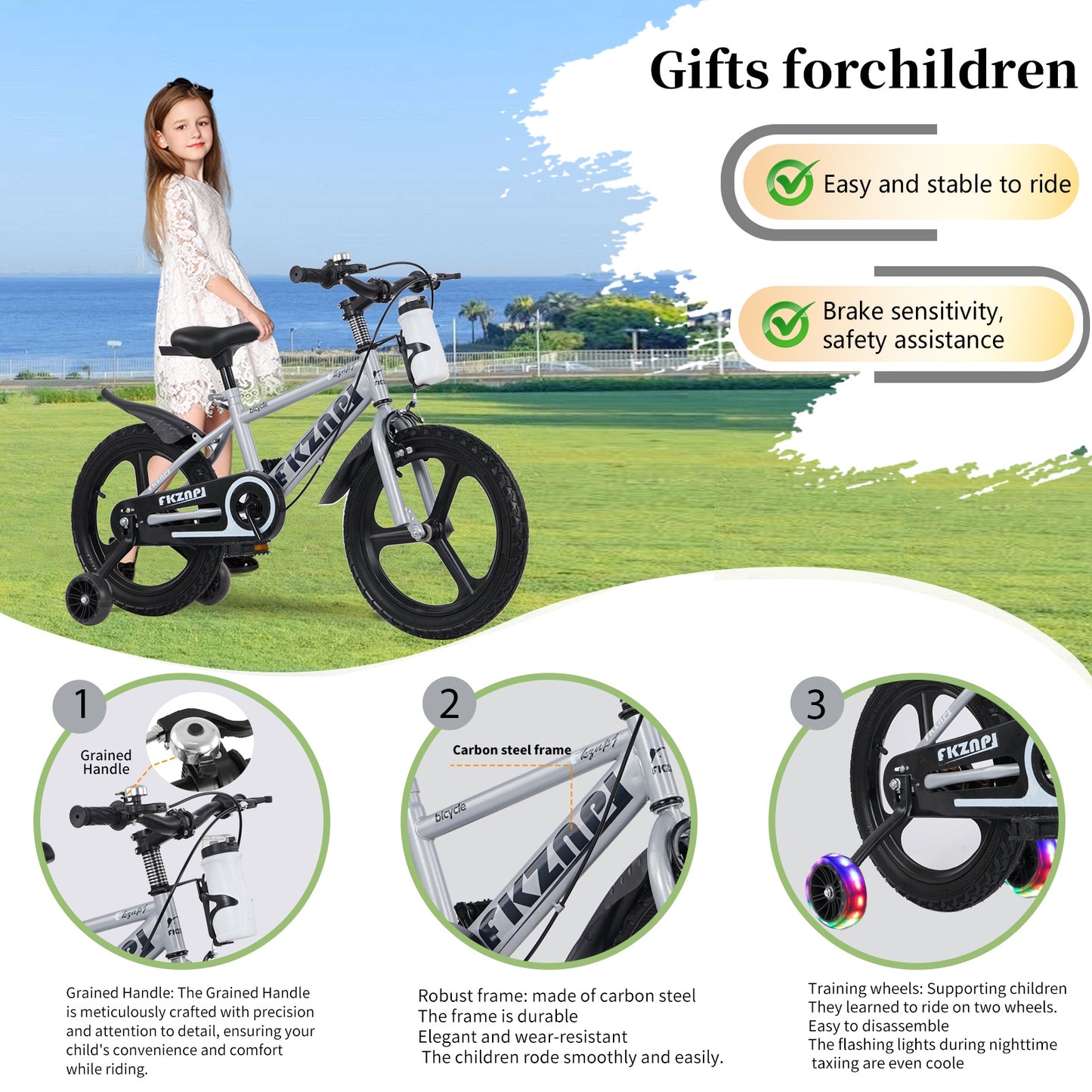 iRerts Kids Bike, 16 Inch Kids Bicycle for Boys Girls Ages 3-7, Toddlers Bike with Water Bottle Holder, Training Wheels with Night Glow, Adjustable Seat, Gray
