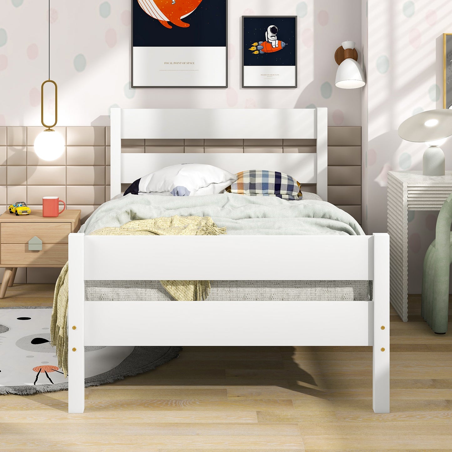 iRerts Twin Platform Bed Frame with Headboard and Footboard, Wood Twin Size Bed Frame, Modern Platform Bed Frame Twin Size with Wood Slat Support, No Box Spring Needed, White