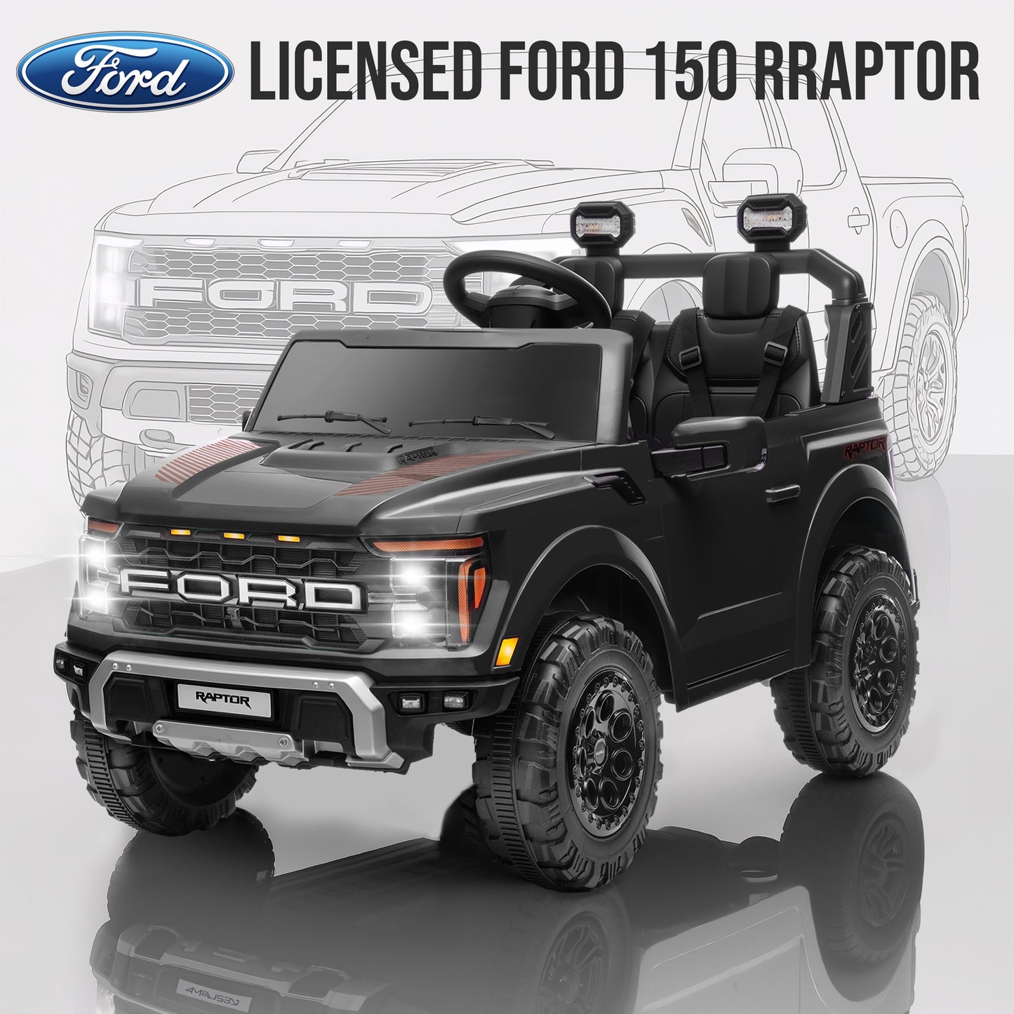 iRerts 24V Ride on Toys for Big Kids, Licensed Ford F 150 Raptor 2 Seater Ride on Cars with Remote Control, Bluetooth, FM Radio, LED Lights, 4 Wheels Suspension, Electric Car for Kids Ages 3-8, Black