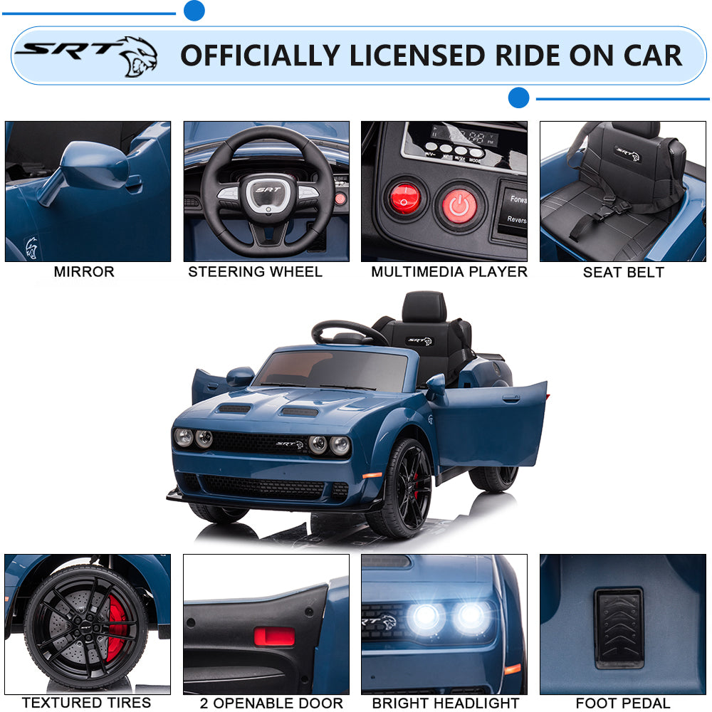 Dodge Challenger 12V Ride On Cars with Remote Control, kids Electric Car with Bluetooth, LED Light, USB, MP3, Battery Powered Ride on Toys for 3-5 Years Old Kids Boys Girls Birthday Gifts, Blue