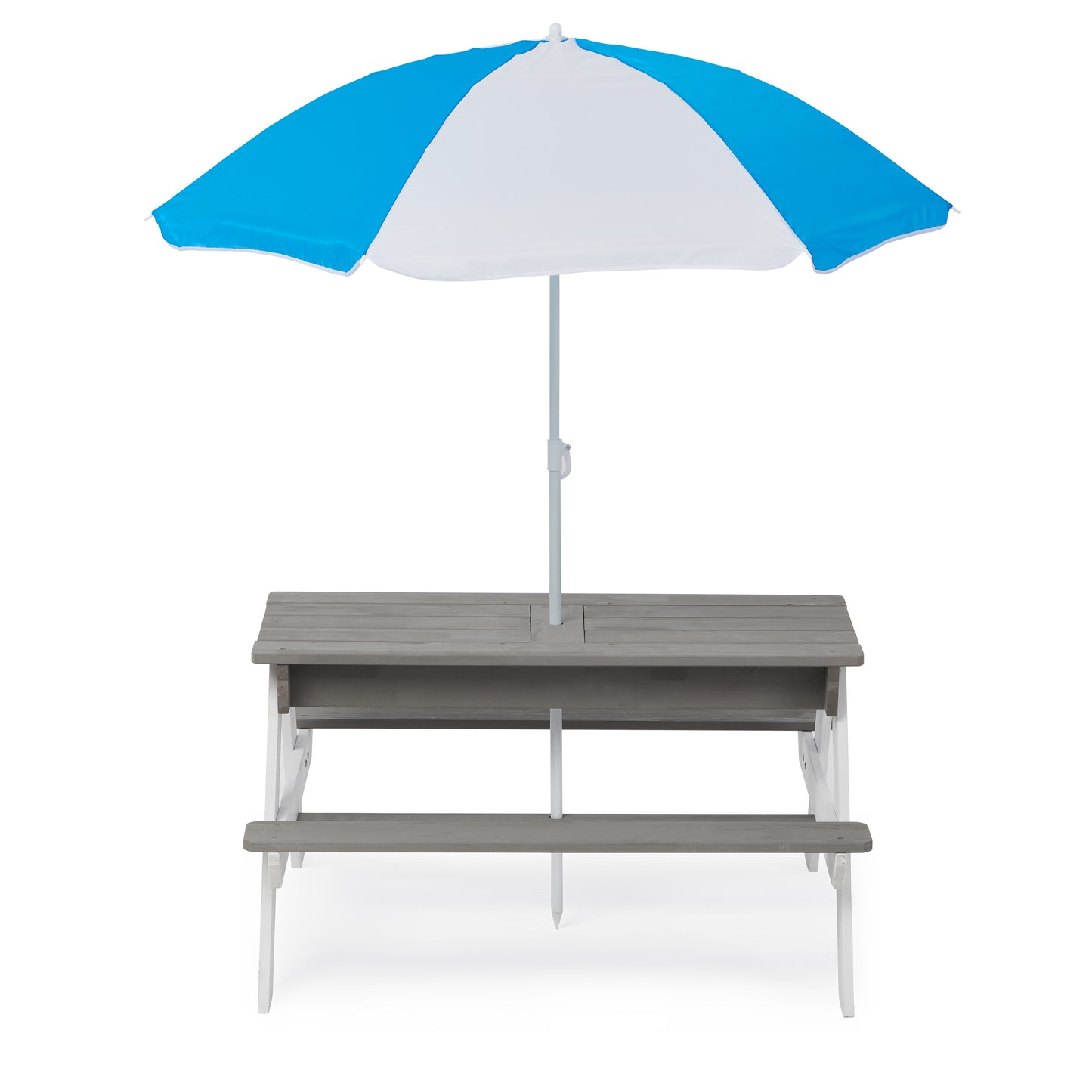 Kids Outdoor Picnic Table Set with Bench, 3 in 1 Sand and Water Activity Table Outdoor Convertible Picnic Table with Umbrella, Removable Tabletop, Play Boxes, Kids Table and Chair Set for Patio, Gray