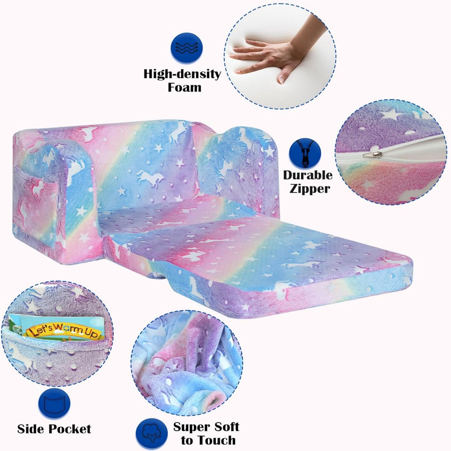 iRerts Kids Sofa, 2-in-1 Soft Toddler Couch Fold Out, Compression Modular Kids Sofa Convertible Sofa to Lounger, Kids Couch Foldable Kids Chair for Girls Boys Age 3-6, Pink