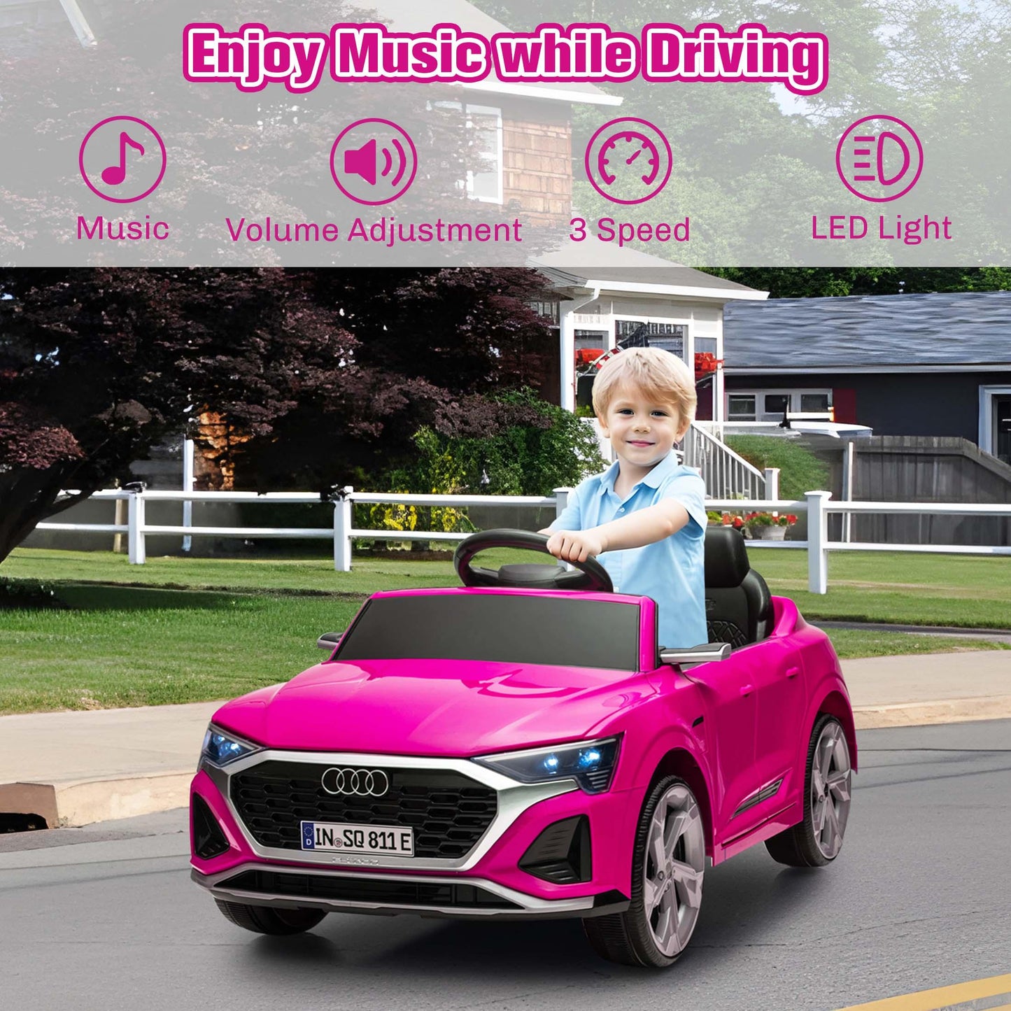 Ride on Toy Car Kids for Boys Girls, Licensed Audi SQ8 12V Ride on Cars with Remote Control, Battery Powered Electric Vehicle Car for Kids with Music, LED Lights, 3 Speed, 4 Wheeler, Pink