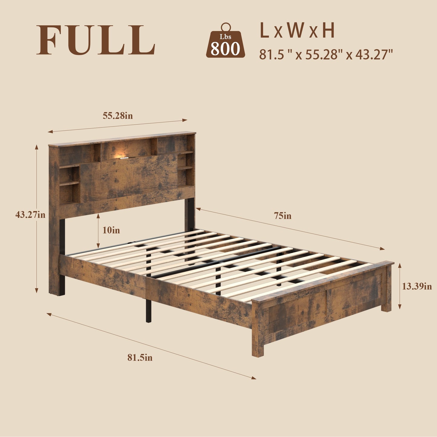 iRerts Wood Full Platform Bed Frame, Full Bed Frame with Storage Headboard, Charging Station, LED Lights, Full Bed Frame No Box Spring Needed, Dark Brown