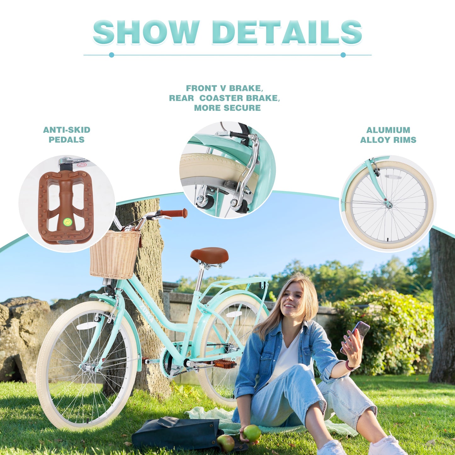 iRerts Girls Bike for 10+ Years Old Kids, 24 Inch Bike with Basket, Brown Leather Saddle, Coaster Brakes, Retro Style Girls Bicycle Cycle Bikes, Women Bicycle for Gifts, Mint Green