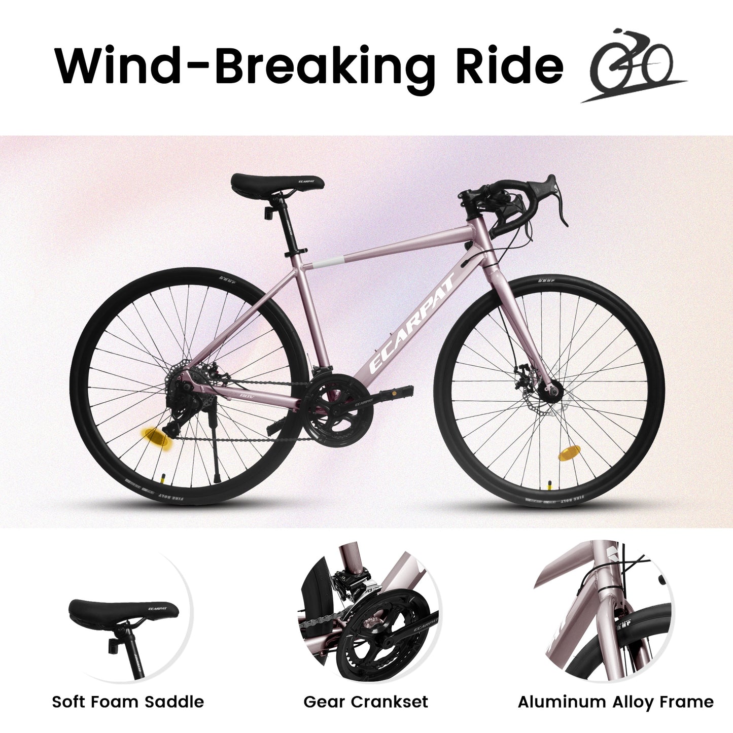 iRerts 700C Road Bike, 16 Speed Outdoor Bike for Men Women, Road Commuter Bike with Disc Brakes, Aluminum Frame, Lightweight Racing Bike Adult Bicycle M Size, Pink