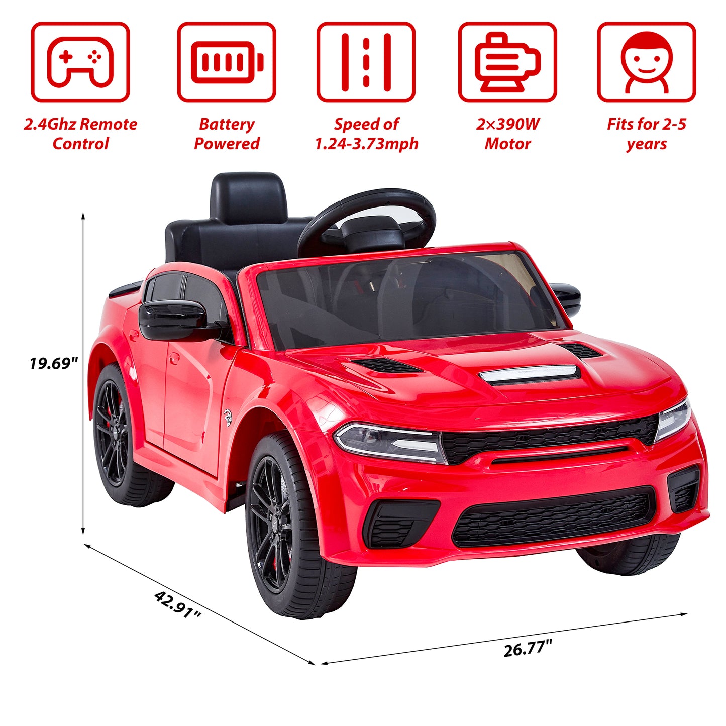 Kids Electric Cars With Remote Control, Licensed Dodge Charger 12V Ride on Cars for Boys Girls, Battery Powered Ride on Toys with Bluetooth, USB, MP3, 4 Wheel Suspension, Red
