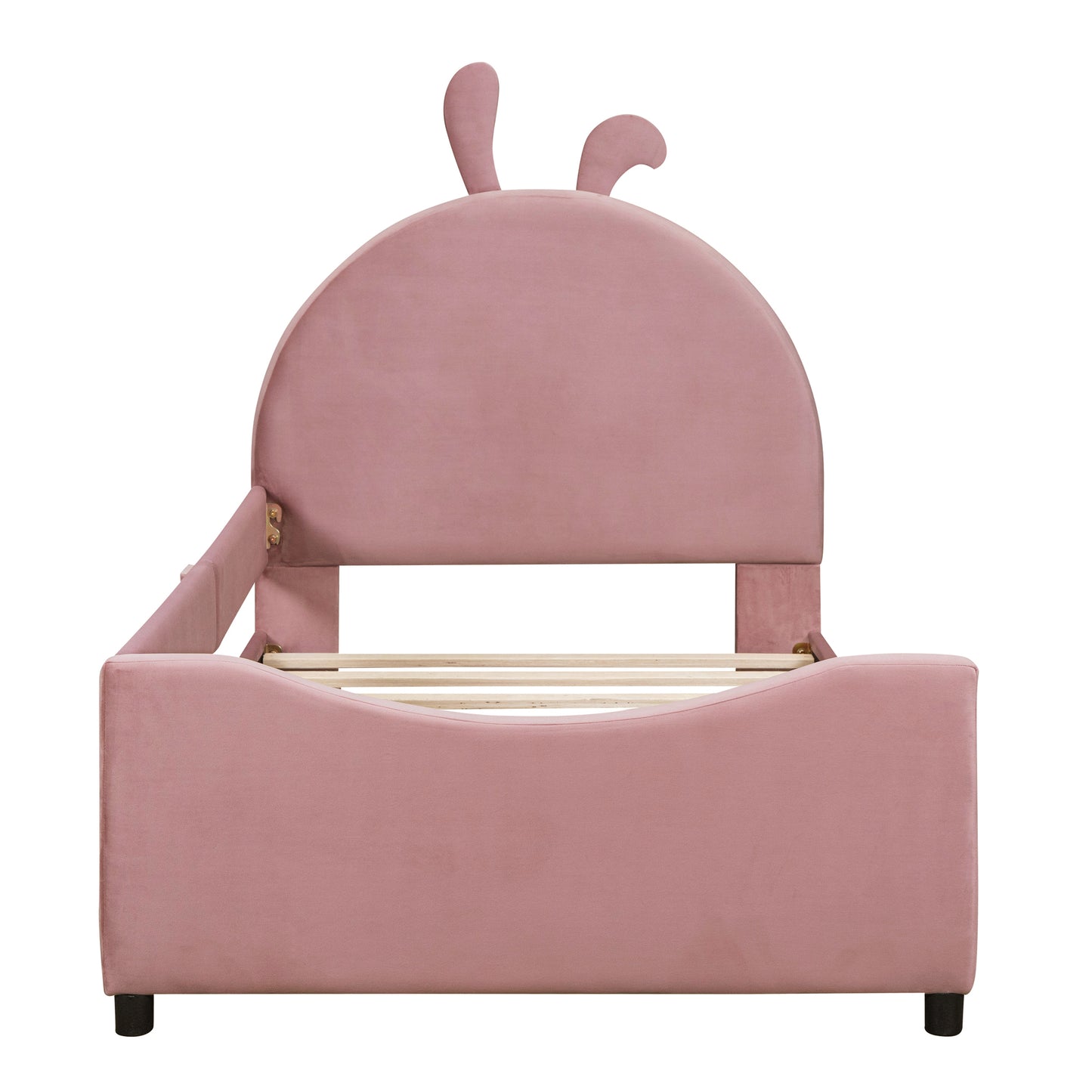iRerts Upholstered Twin Daybed Frame for Kids, Velvet Twin Platform Bed Frame with Rabbit Ear Shaped Headboard and Footboard, Wood Twin Size Sofa Bed for Girls Boys, Pink