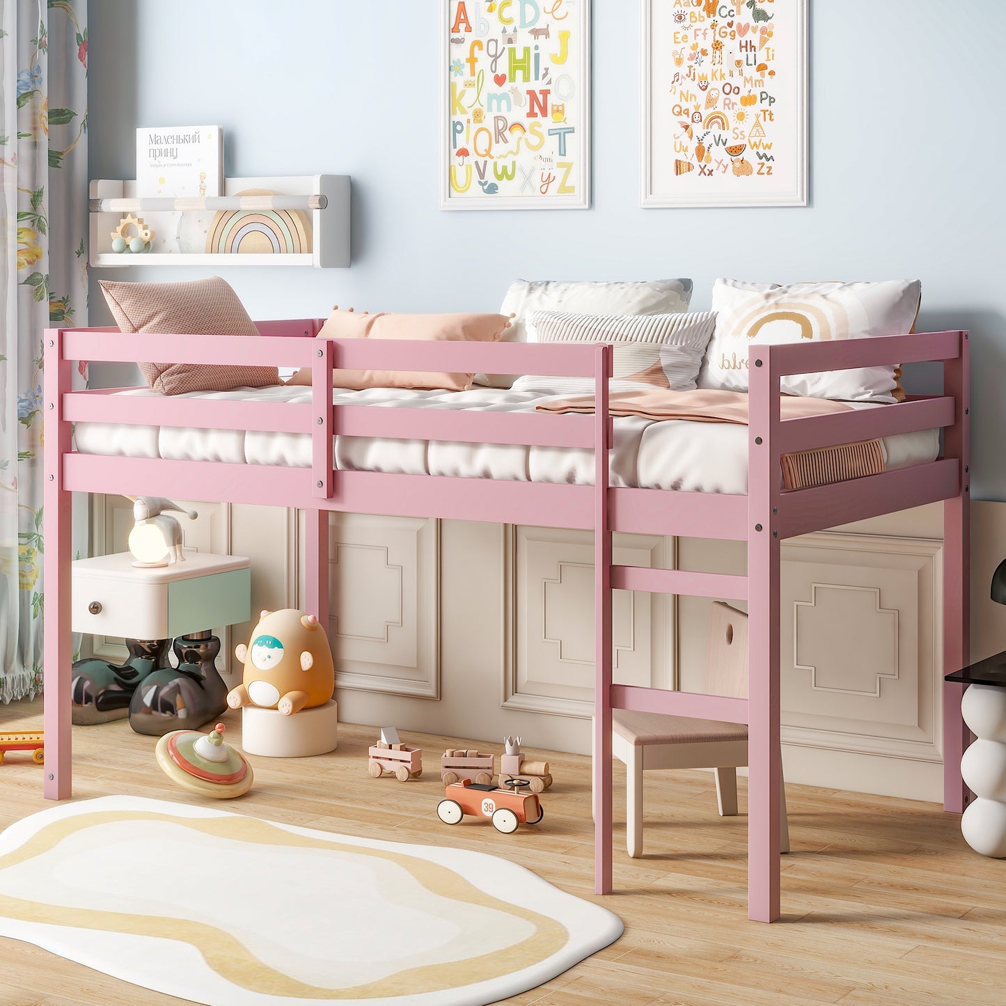 Twin Size Loft Bed Frame, Wood Loft Bed Frame for Kids Boys Girls, Twin Bed Frame Bedroom Furniture, No Box Spring Needed