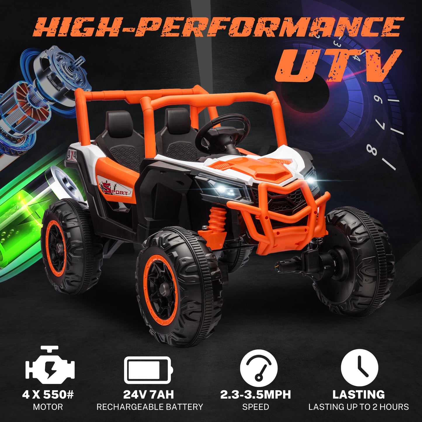iRerts 24V Ride on UTV Cars 2 Seater, Kids Electric Ride on Toy Car with Remote Control, Music, LED Light, USB, Bluetooth, Kids Electric Vehicle for Christmas Birthday Gifts, Orange