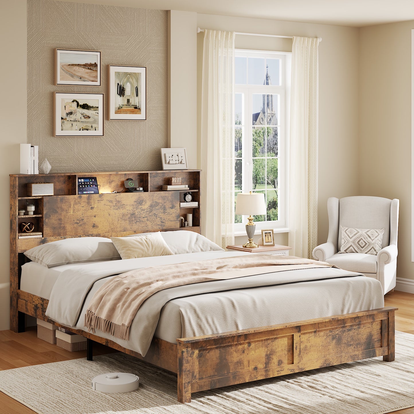 iRerts Wood Queen Platform Bed Frame, Queen Bed Frame with Storage Headboard, Charging Station, LED Lights, Queen Bed Frame No Box Spring Needed, Dark Brown