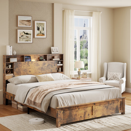 iRerts Wood Queen Platform Bed Frame, Queen Bed Frame with Storage Headboard, Charging Station, LED Lights, Queen Bed Frame No Box Spring Needed, Dark Brown