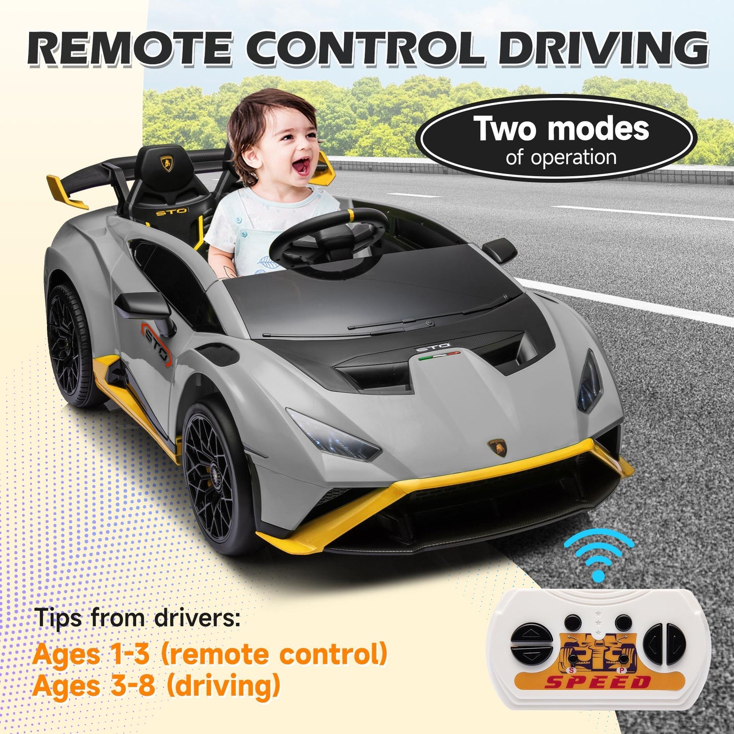 iRerts Gray 24V Lamborghini Ride on Cars with Remote Control, Battery Powered Kids Ride on Toys for Boys Girls 3-8 Ages, 4 Wheels Electric Cars for Kids with Bluetooth/Music/USB Port/LED Lights