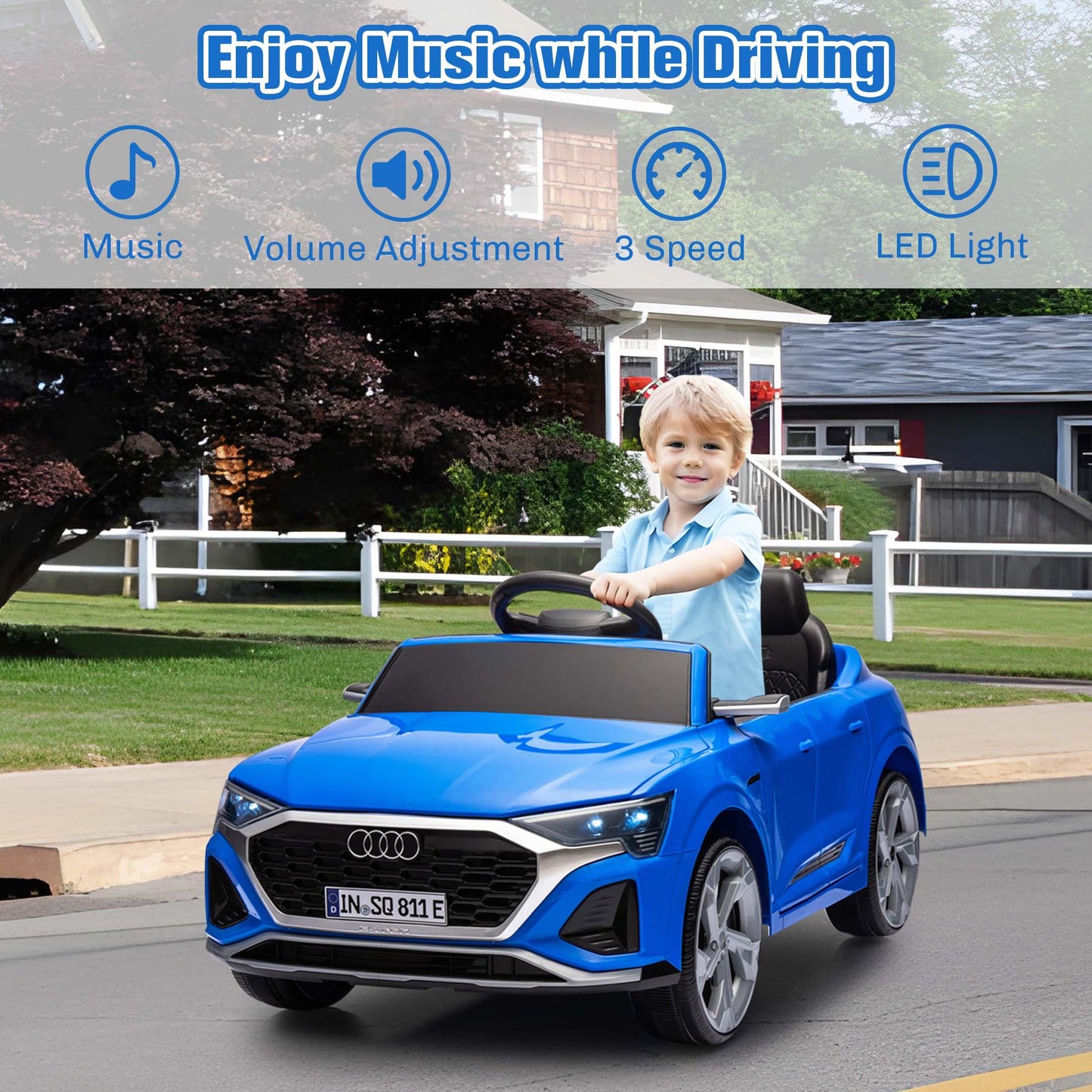 Ride on Toy Car Kids for Boys Girls, Licensed Audi SQ8 12V Ride on Cars with Remote Control, Battery Powered Electric Vehicle Car for Kids with Music, LED Lights, 3 Speed, 4 Wheeler, Blue