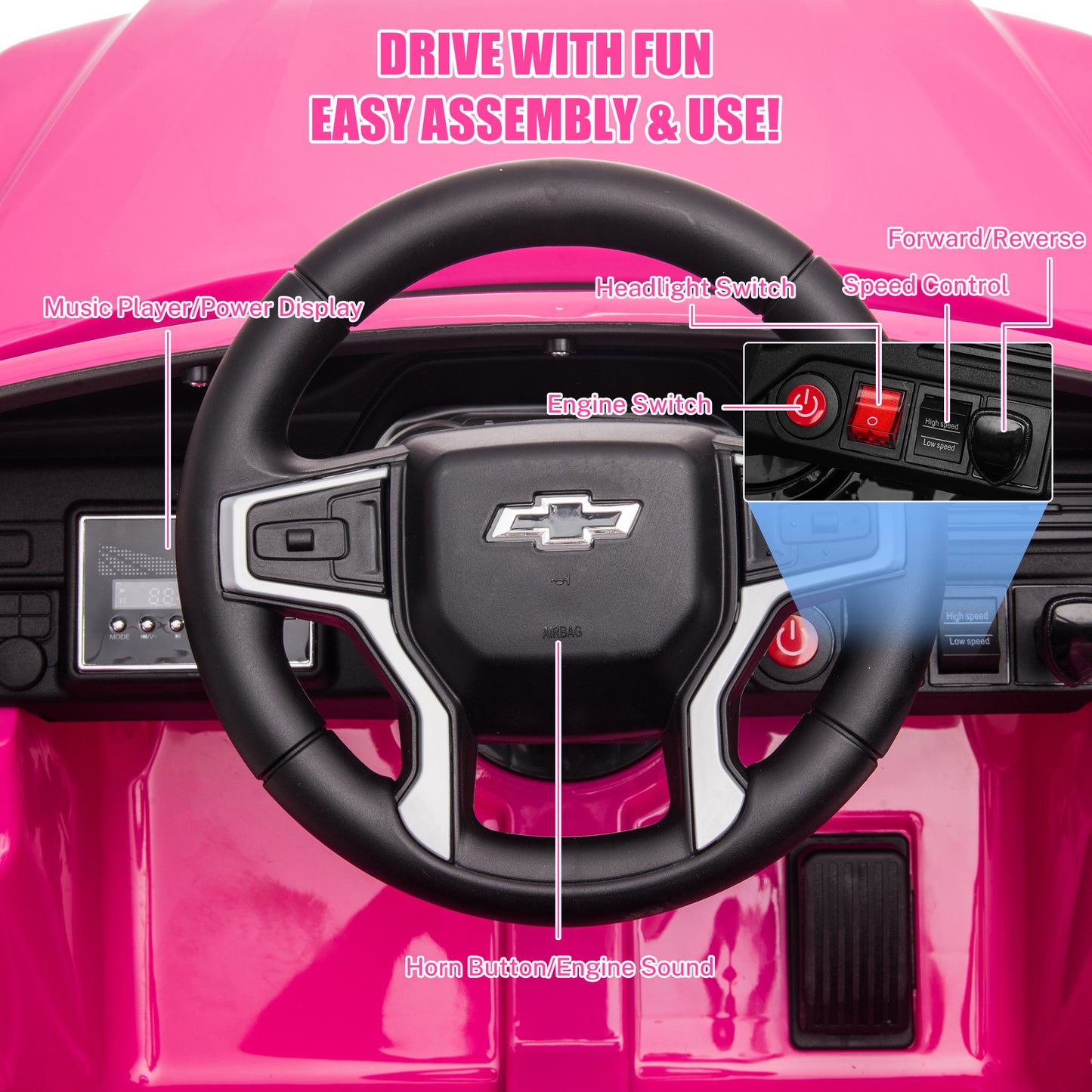 iRerts 12V Ride On Toys with Remote Control, Licensed Chevrolet Tahoe Kids Ride on Cars with Music, LED Lights, MP3/USB/AUX Port, Kids Electric Vehicle for Boys Girls, Pink