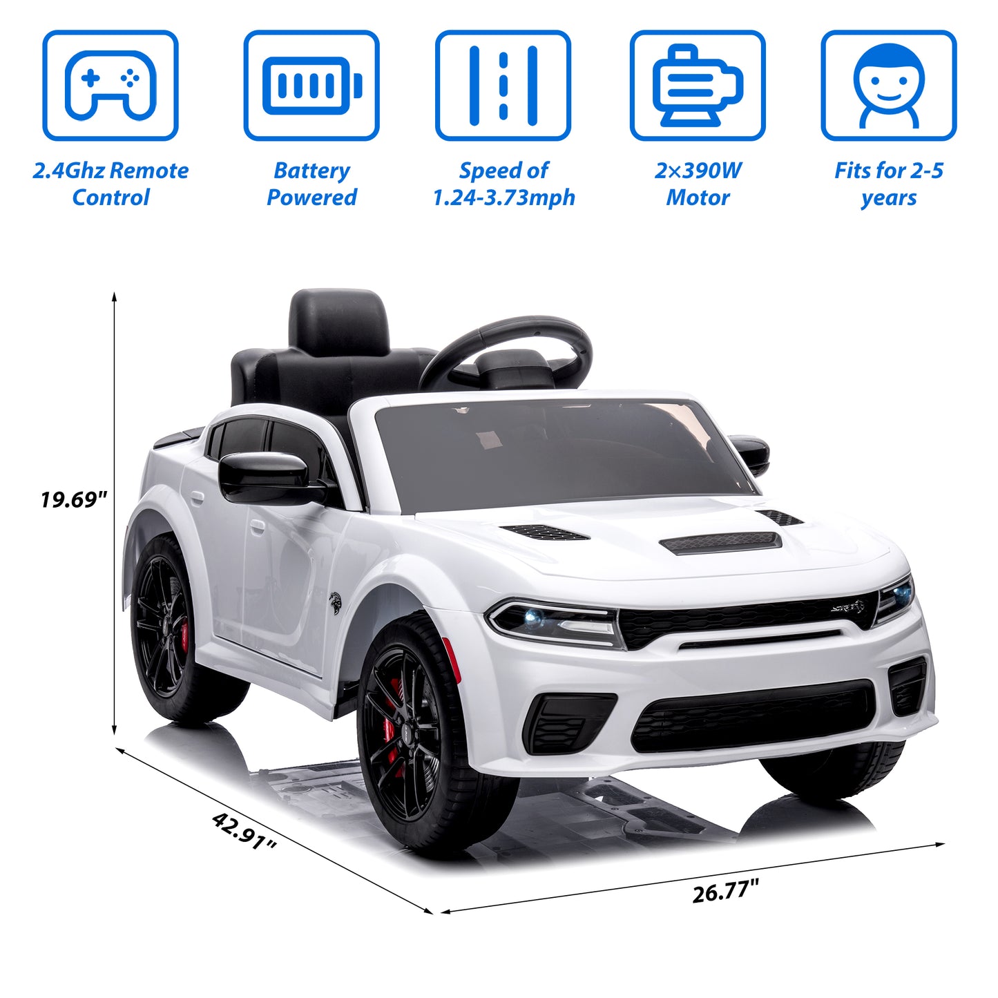 Dodge Charger 12V Ride On Cars with Remote Control, Ride On Vehicles for Kids with LED Light, Bluetooth, USB, MP3, Battery Powered Ride on Toys for Boys Girls 3-5 Years Old Birthday Gifts, White