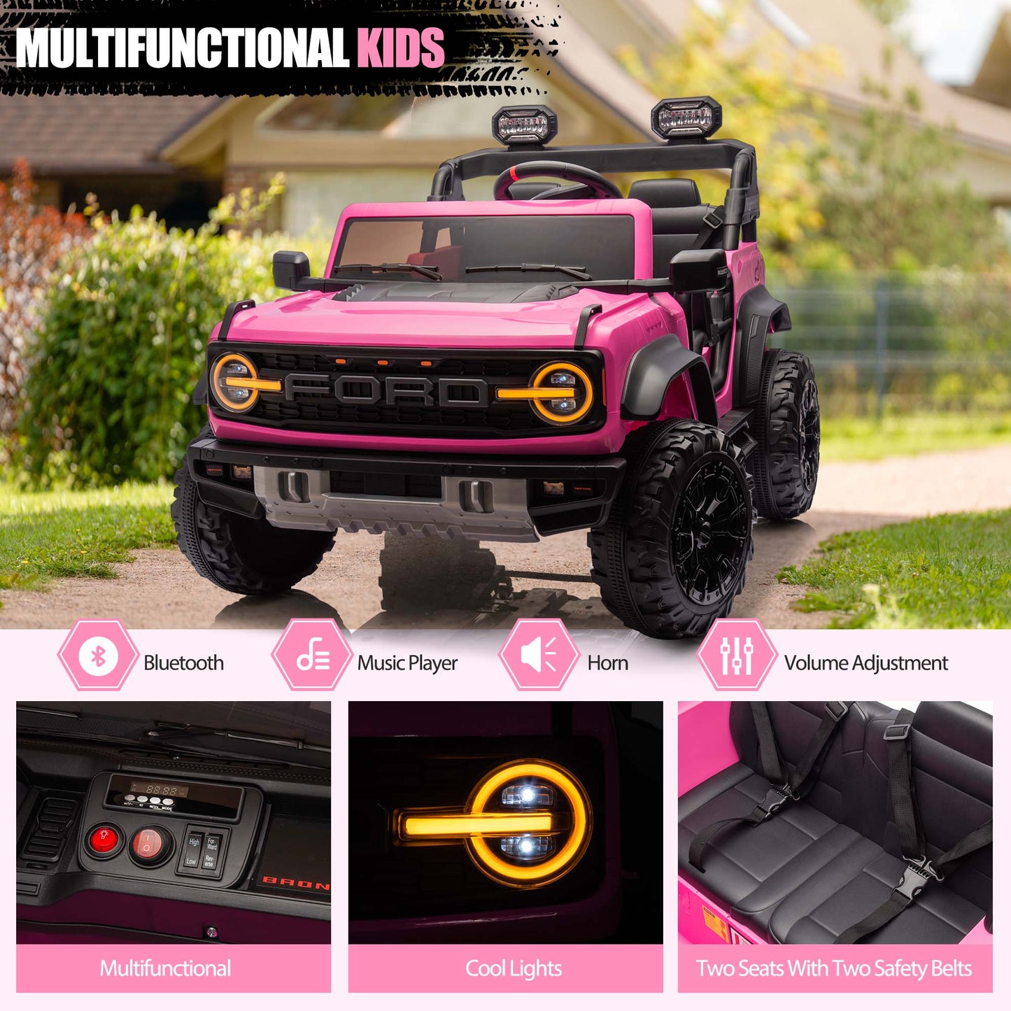 Ford Bronco Raptor 24V Ride on Toys, 2 Seater Ride on Cars with Remote Control, Bluetooth Music, Spring Suspension, Battery Powered Electric Car for Kids Ages 3-8, Pink