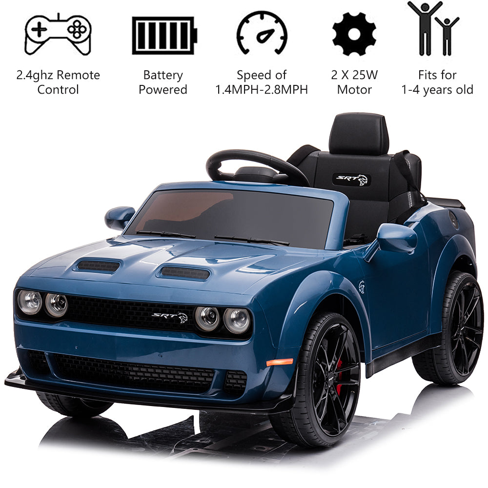 Dodge Challenger 12V Ride On Cars with Remote Control, kids Electric Car with Bluetooth, LED Light, USB, MP3, Battery Powered Ride on Toys for 3-5 Years Old Kids Boys Girls Birthday Gifts, Blue