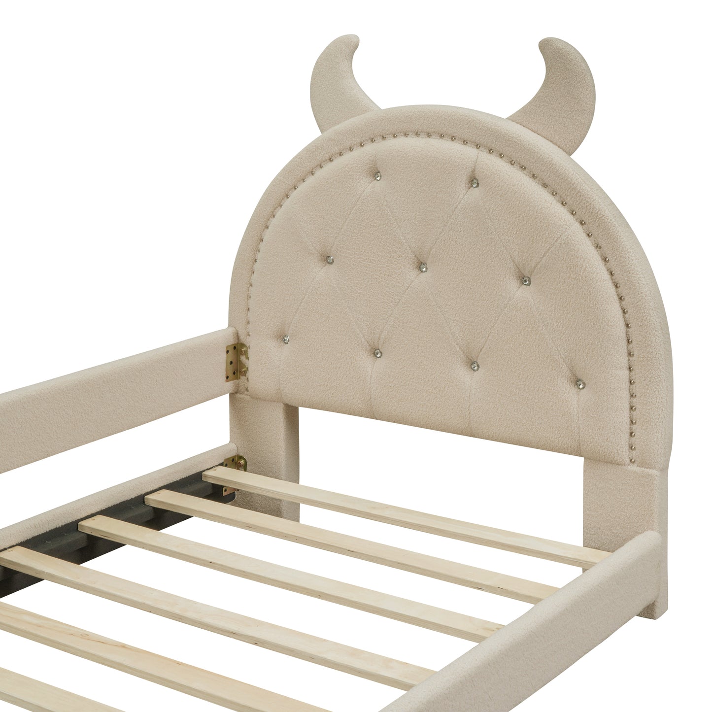 iRerts Twin Size Upholstered Daybed Frame for Kids, Teddy Fleece Twin Platform Bed Frame with OX Hor Shaped Headboard and Footboard, Wood Twin Size Sofa Bed for Girls Boys, Beige