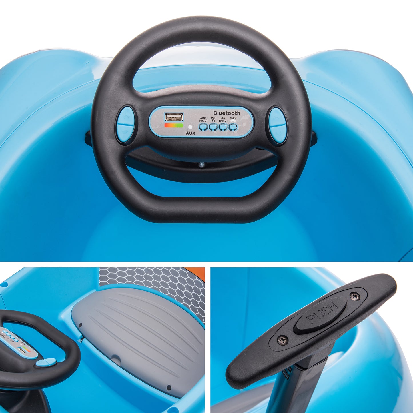 iRerts Kids Bumper Car with Remote Control, 12V Bumper Car for Toddlers Ages 1-6 Years with Rocking Horse Mode, Push Rod, Dinner Plate, USB Bluetooth Music, Ride on Toys Car for Boys Girls Gifts, Blue