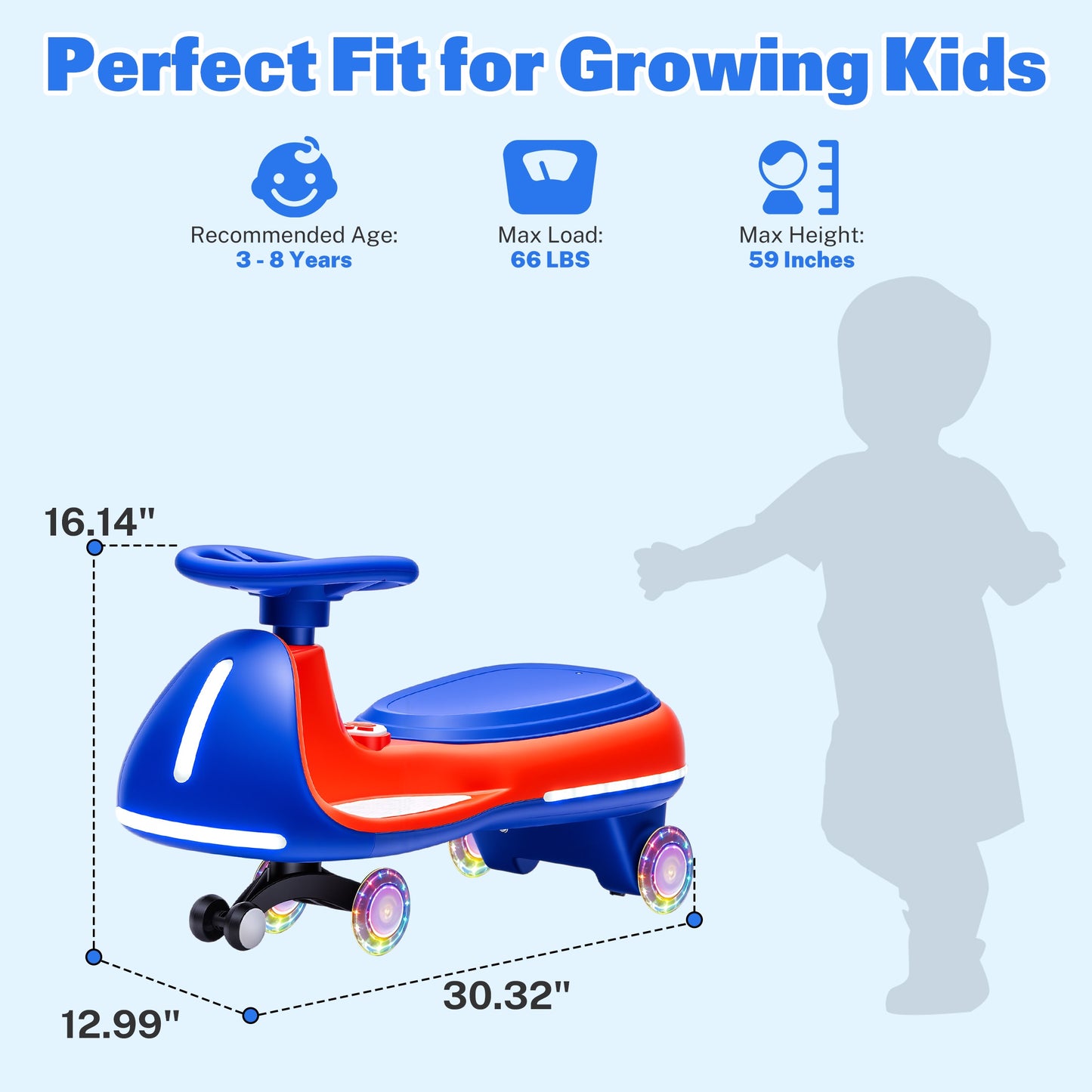 iRerts 12V Ride on Toys, Electric Ride on Wiggle Car with Pedal, 2 in 1 Swing Car Kids Wiggle Car for Toddlers Ages 3+, Kids Cars with Flashing PU Wheels, Bluetooth Music, 5MPH Max Speed, Blue+Red