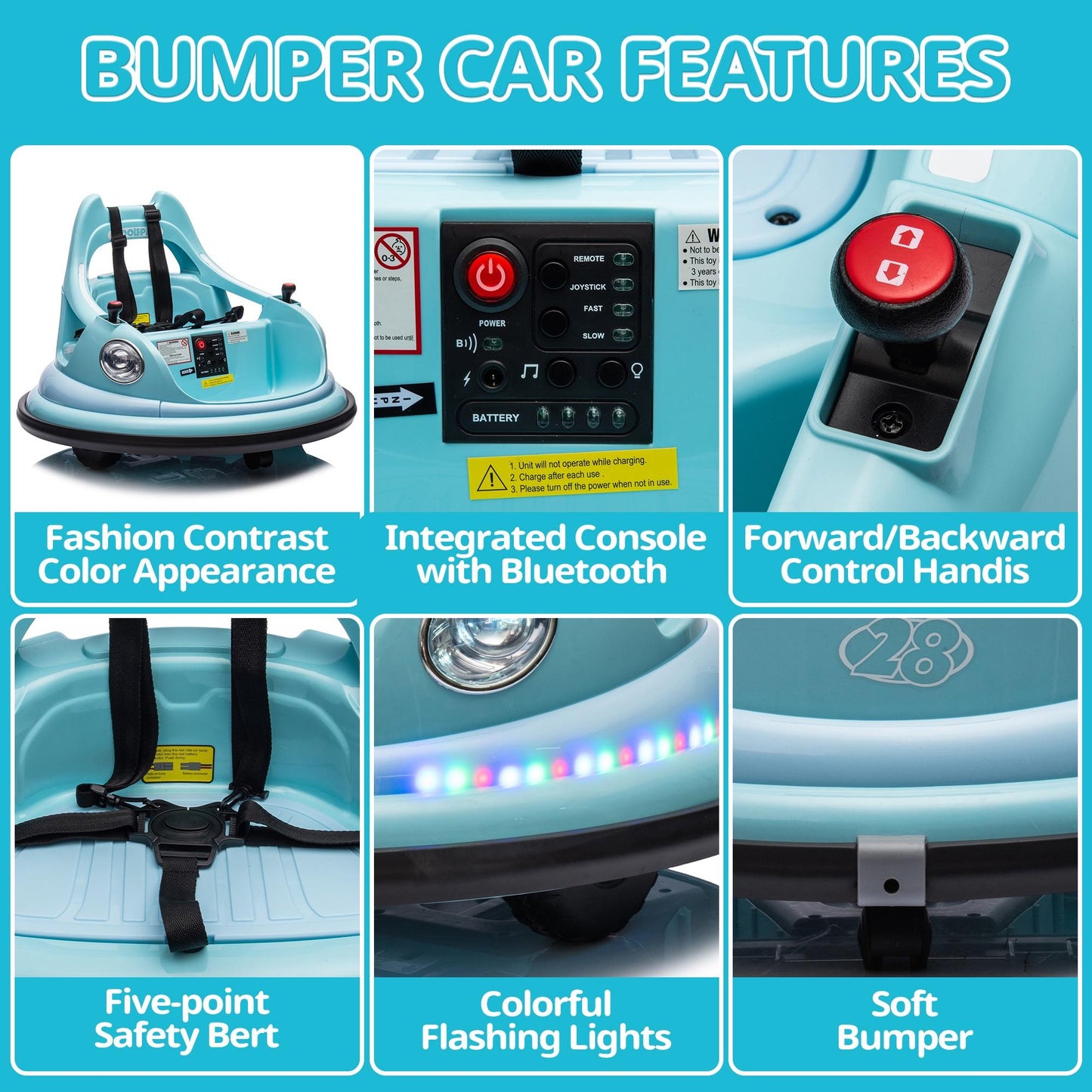 iRerts 12V Bumper Cars for Kids, Bumper Car Ride on with Remote Control, Battery Powered Kids Ride on Toys for 2-5 Year Old Boys Girls, Kids Electric Cars with Bluetooth, Music, LED Light, Blue