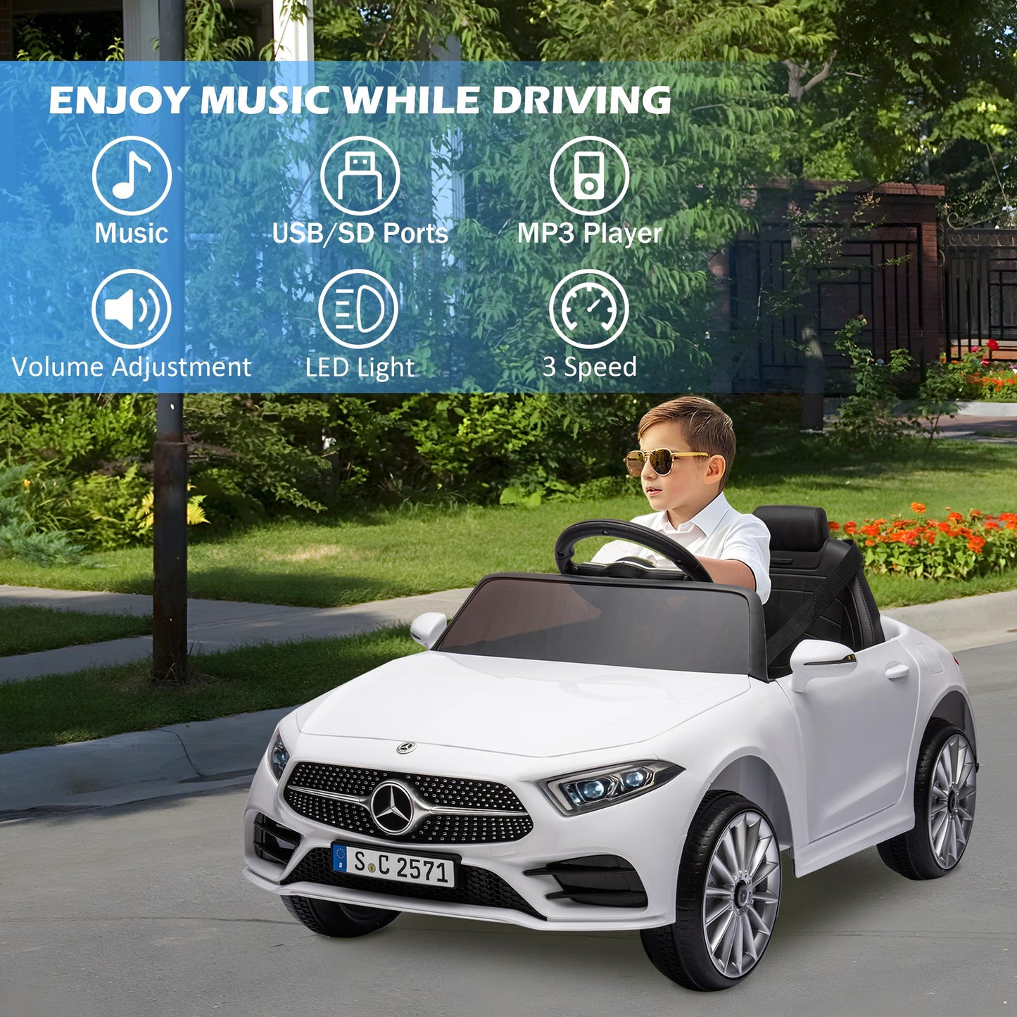 iRerts 12V Electric Ride On Cars for Boys Girls, Battery Powered Ride on Toys for Toddlers with Music, USB/AUX/SD Ports, LED Light, 4 Wheel Suspension, Electric Cars for Kids 3-6 Years Old Gift, White