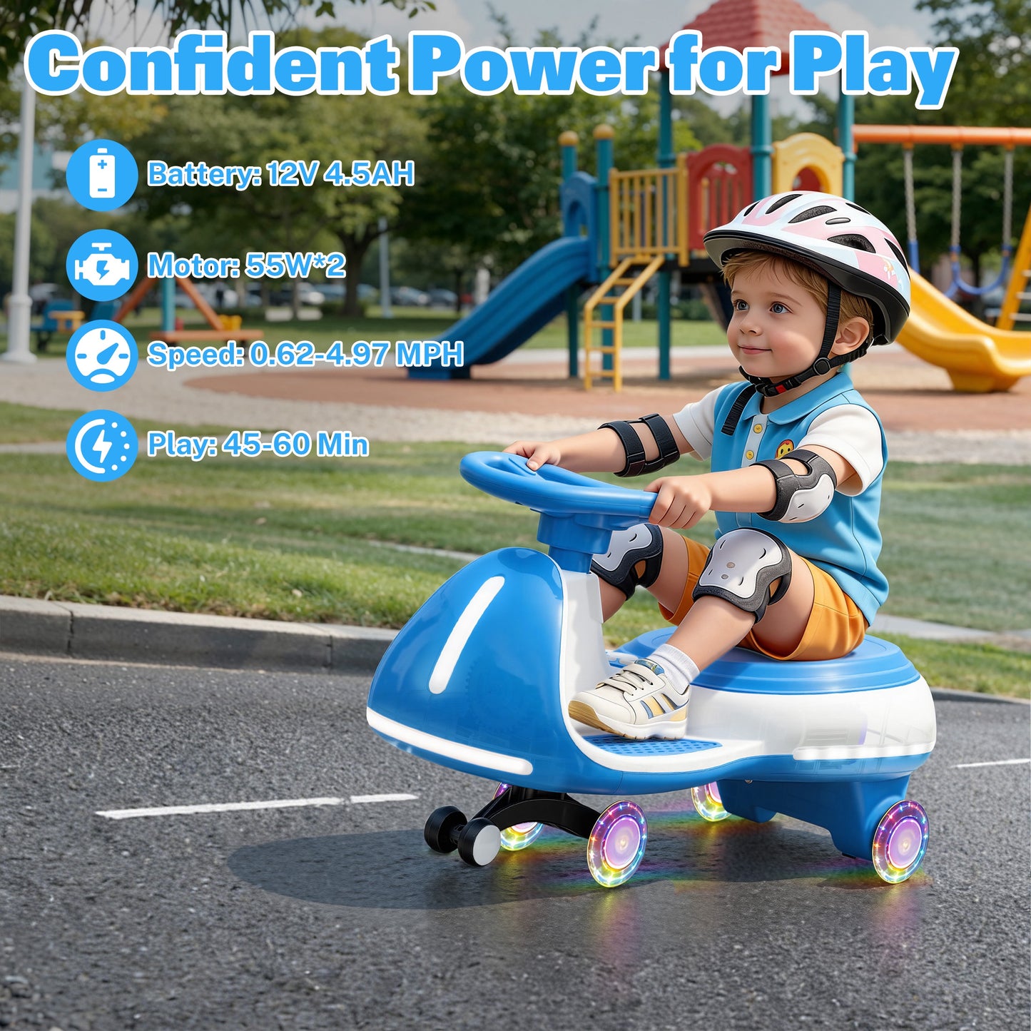 iRerts 12V Ride on Toys, Electric Ride on Wiggle Car with Pedal, 2 in 1 Swing Car Kids Wiggle Car for Toddlers Ages 3+, Kids Cars with Flashing PU Wheels, Bluetooth Music, 5MPH Max Speed, Blue