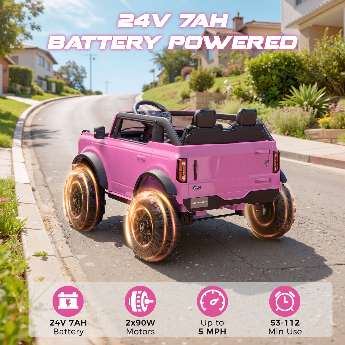 iRerts 2 Seater Ride on Cars, Licensed Ford Bronco Base 24V Ride on Toys for Big Kids Ages 3-8, Powered Kids Car Electric Vehicle with Remote Control, Bluetooth, LED Lights, 4 Wheel Suspension, Pink