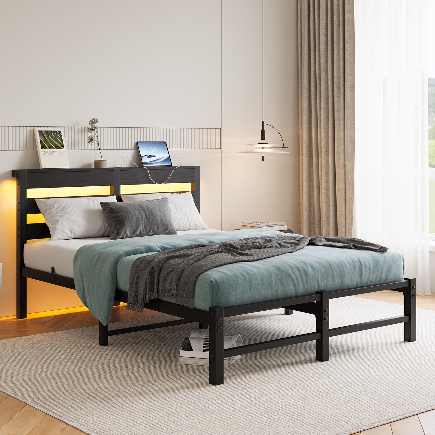 iRerts Full Bed Frame with Headboard, Metal Platform Bed Frame Full Size with USB Charging Station, LED Lights, Steel Slats, LED Bed Frame No Box Spring Needed for Bedroom Furniture, Black