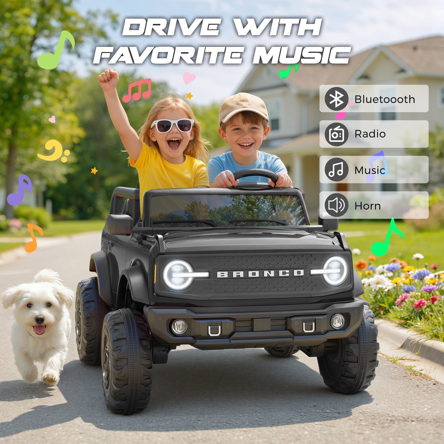 iRerts 2 Seater Ride on Cars, Licensed Ford Bronco Base 24V Ride on Toys for Big Kids Ages 3-8, Powered Kids Car Electric Vehicle with Remote Control, Bluetooth, LED Lights, 4 Wheel Suspension, Black