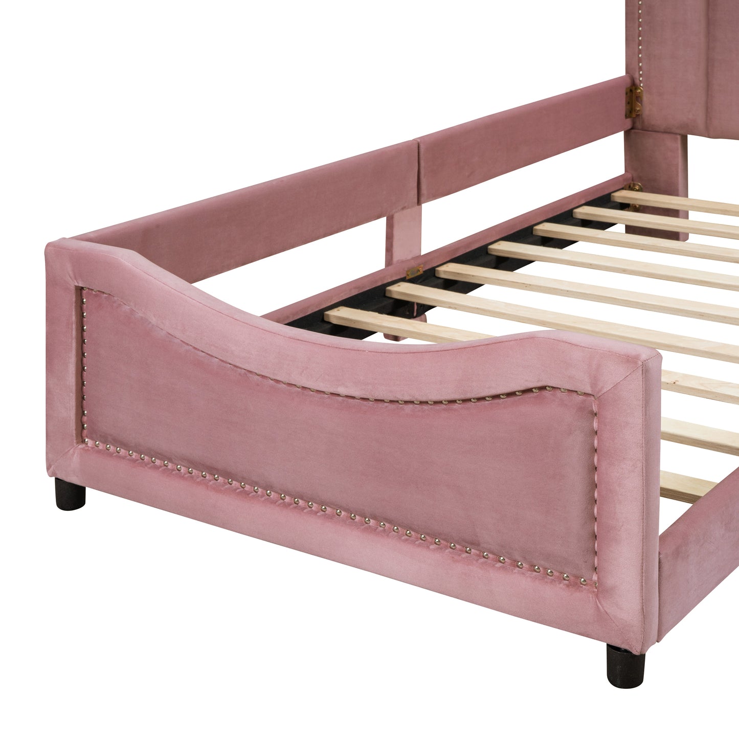 iRerts Upholstered Twin Platform Bed Frame, Velvet Twin Daybed Frame with Classic Stripe Shaped Headboard and Footboard, Wood Twin Size Sofa Bed for Kids Girls Boys, No Box Spring Needed, Pink