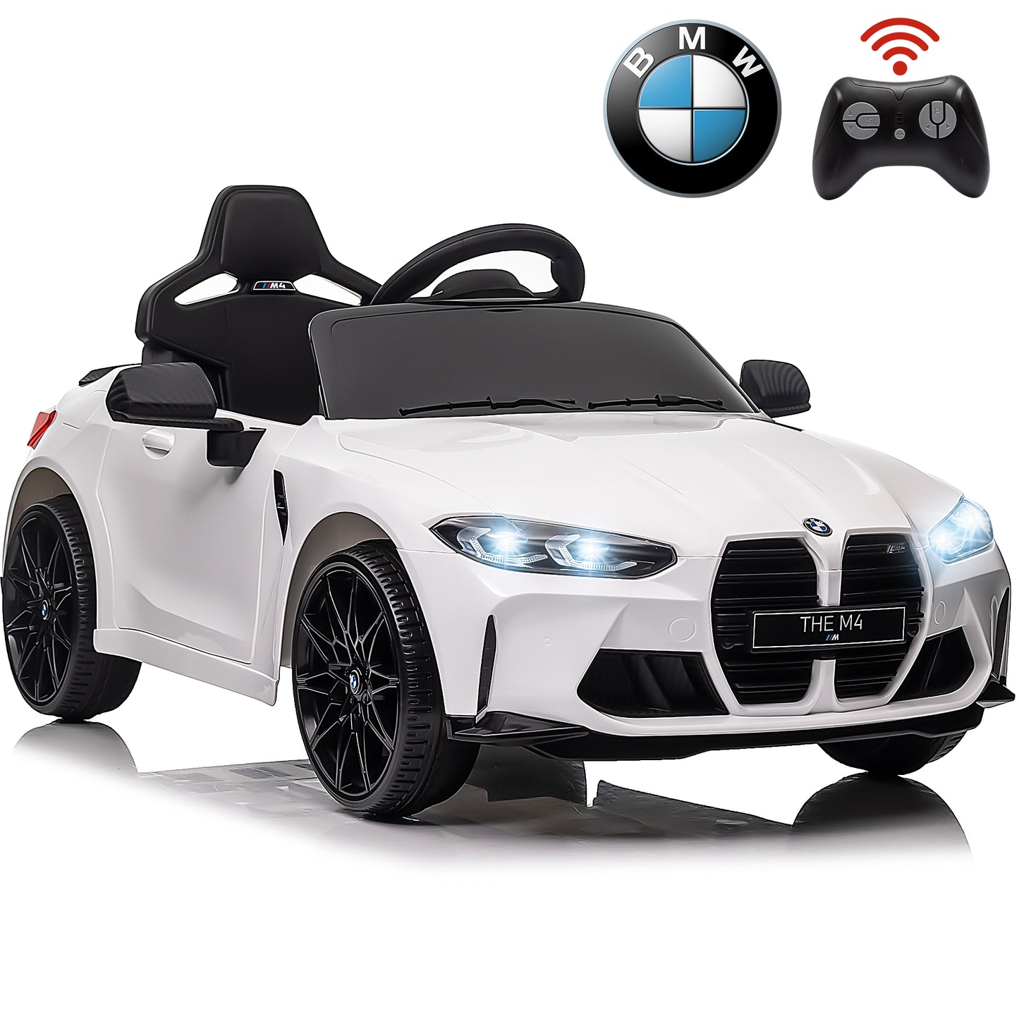 BMW M4 Silver 12V Ride On Cars with Remote Control, Battery Powered Ride on Toys with Music, Bluetooth, Story, USB/MP3 Port, LED Light, Kids Electric Vehicle for Boys Girls with Wheels, Easy to Carry