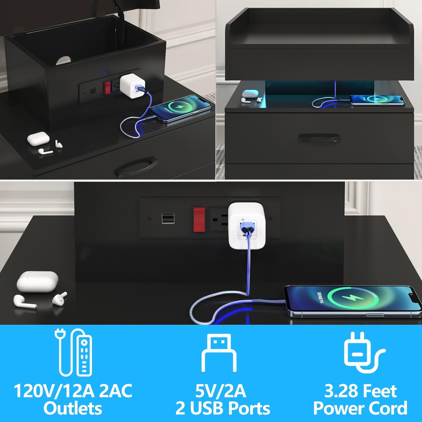 iRerts Bedside Table with Charging Station, Wood High Gloss Nightstand for Bedroom with Plug Outlet, 2 USB Ports, 2 Drawers, 16 LED Lights, Modern Night Stands End Side Table for Bedroom Office, Black