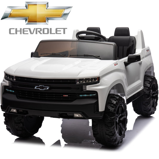 2 Seater 24V Ride on Cars with Remote Control, Licensed Chevrolet Silverado Kids Ride on Truck for Boys Girls Birthday Christmas Gifts, Battery Powered Kids Electric Cars with LED Lights, Music, White