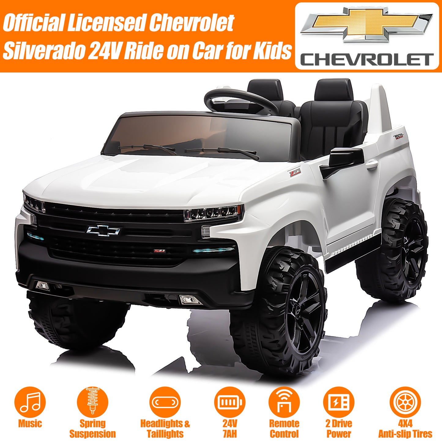 2 Seater 24V Ride on Cars with Remote Control, Licensed Chevrolet Silverado Kids Ride on Truck for Boys Girls Birthday Christmas Gifts, Battery Powered Kids Electric Cars with LED Lights, Music, White