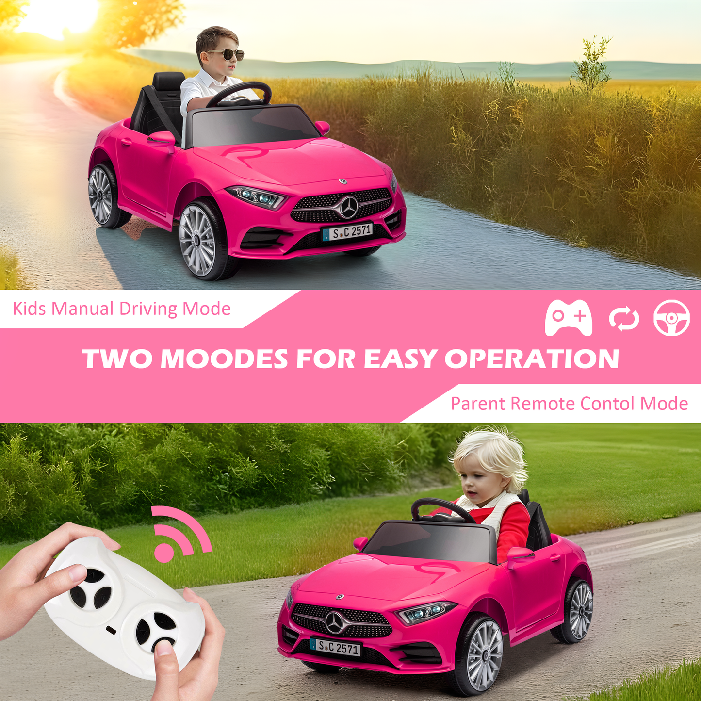 iRerts 12V Electric Ride On Cars for Girls Boys, Battery Powered Ride on Toys for Toddlers with Music, USB/AUX/SD Ports, LED Light, 4 Wheel Suspension, Electric Cars for Kids 3-6 Years Old Gifts, Pink