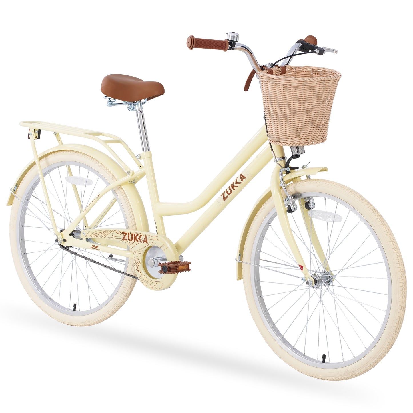 iRerts Girls Bike for 10+ Years Old Kids, 24 Inch Bike with Basket, Brown Leather Saddle, Coaster Brakes, Retro Style Girls Bicycle Cycle Bikes, Women Bicycle for Gifts, Yellow