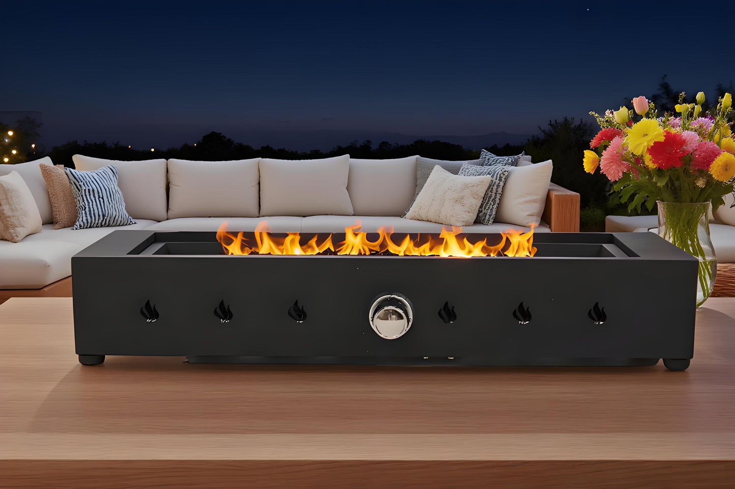 28-inch Propane Fire Pit, 40000 BTU Outdoor Tabletop Fireplace for Patio, Portable Rectangular Gas Firepit with Glass Beads, Wind Glass Shield, Black