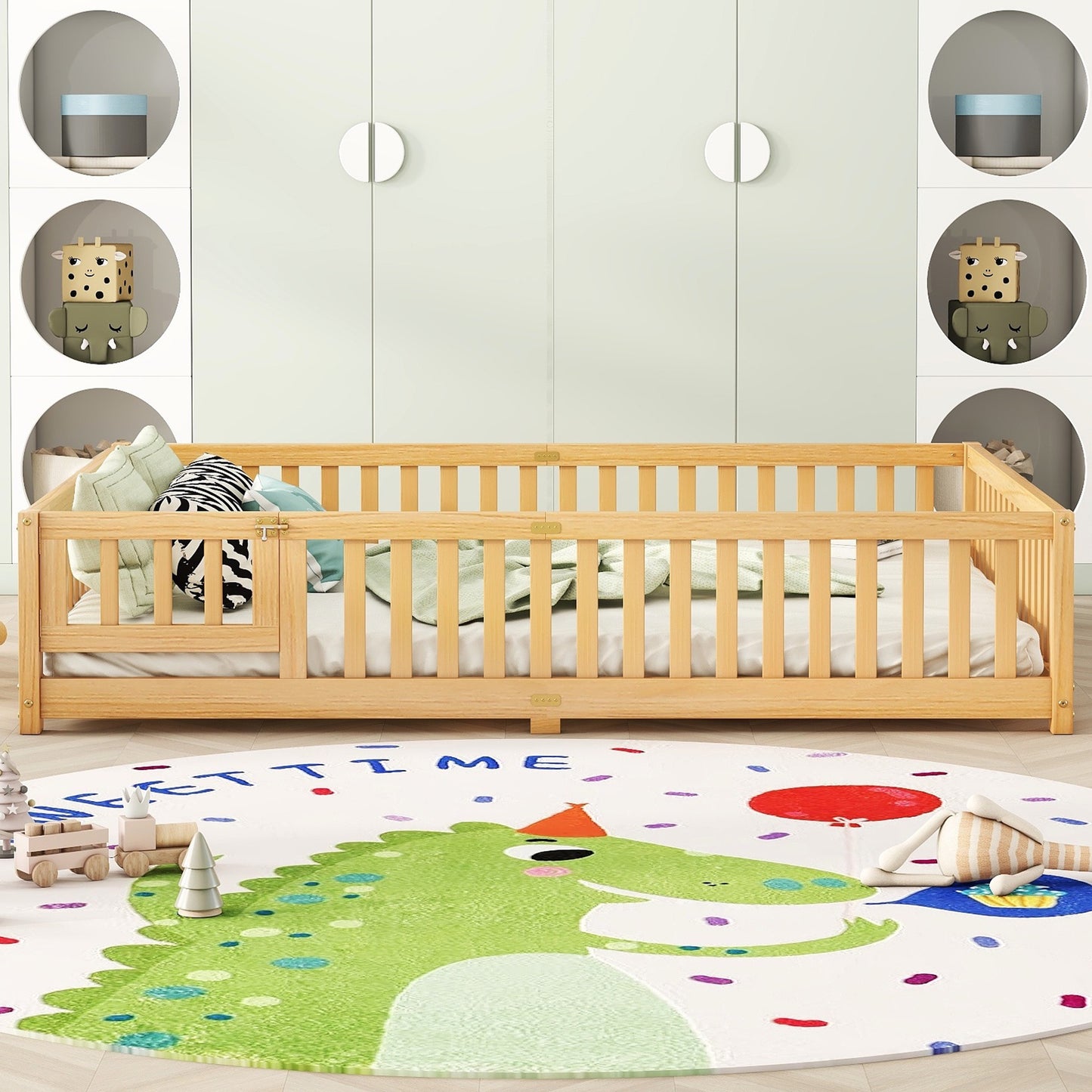 iRerts Queen Floor Bed Frame for Toddlers Kids, Wood Queen Montessori Bed Frame with Slats, Fence, Door, Kids Montessori Bed Queen Size, Queen Toddler Bed Frame for Boys Girls, Natural